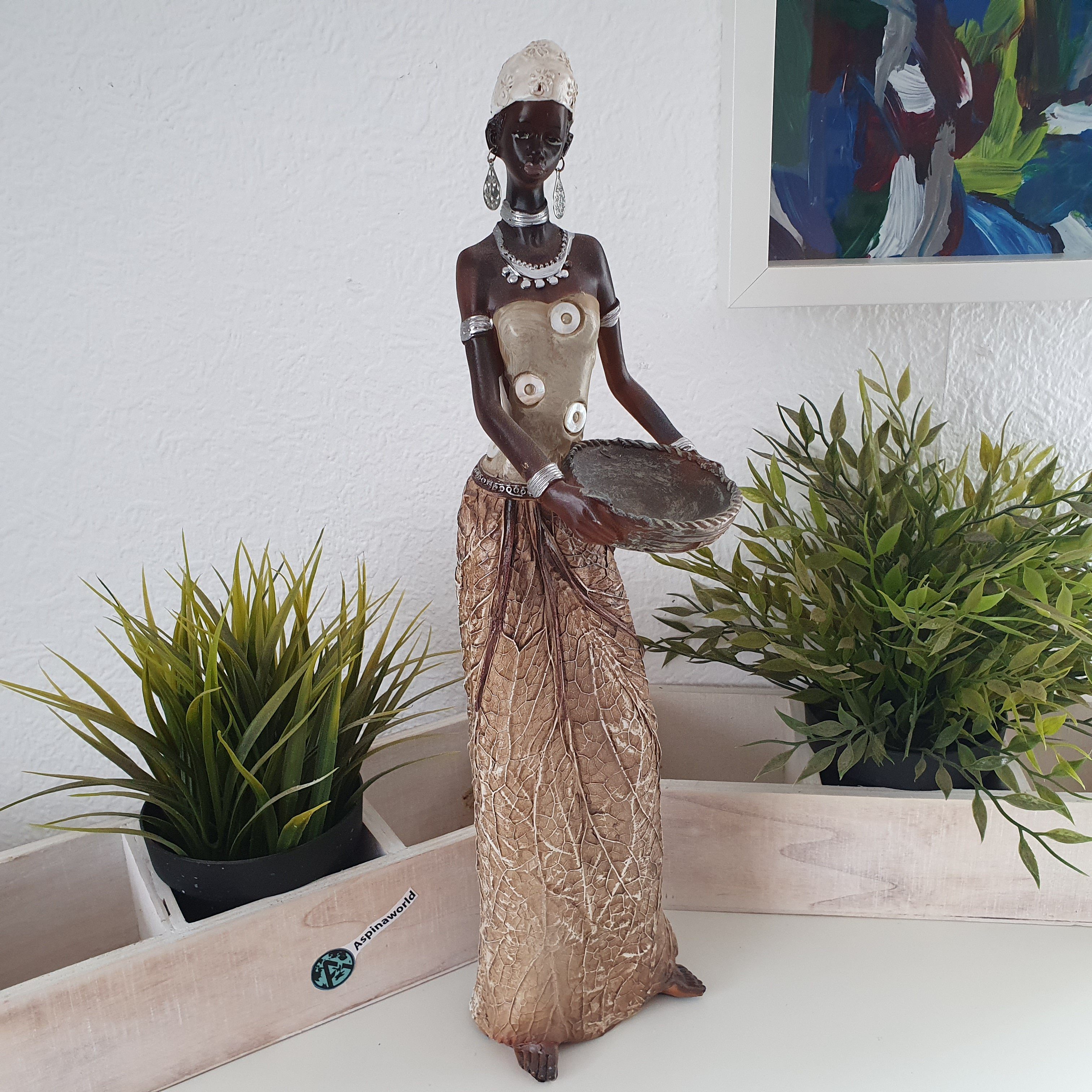 Aspinaworld Dekofigur Afrikanische Frau mit Schale in der Hand 40 cm