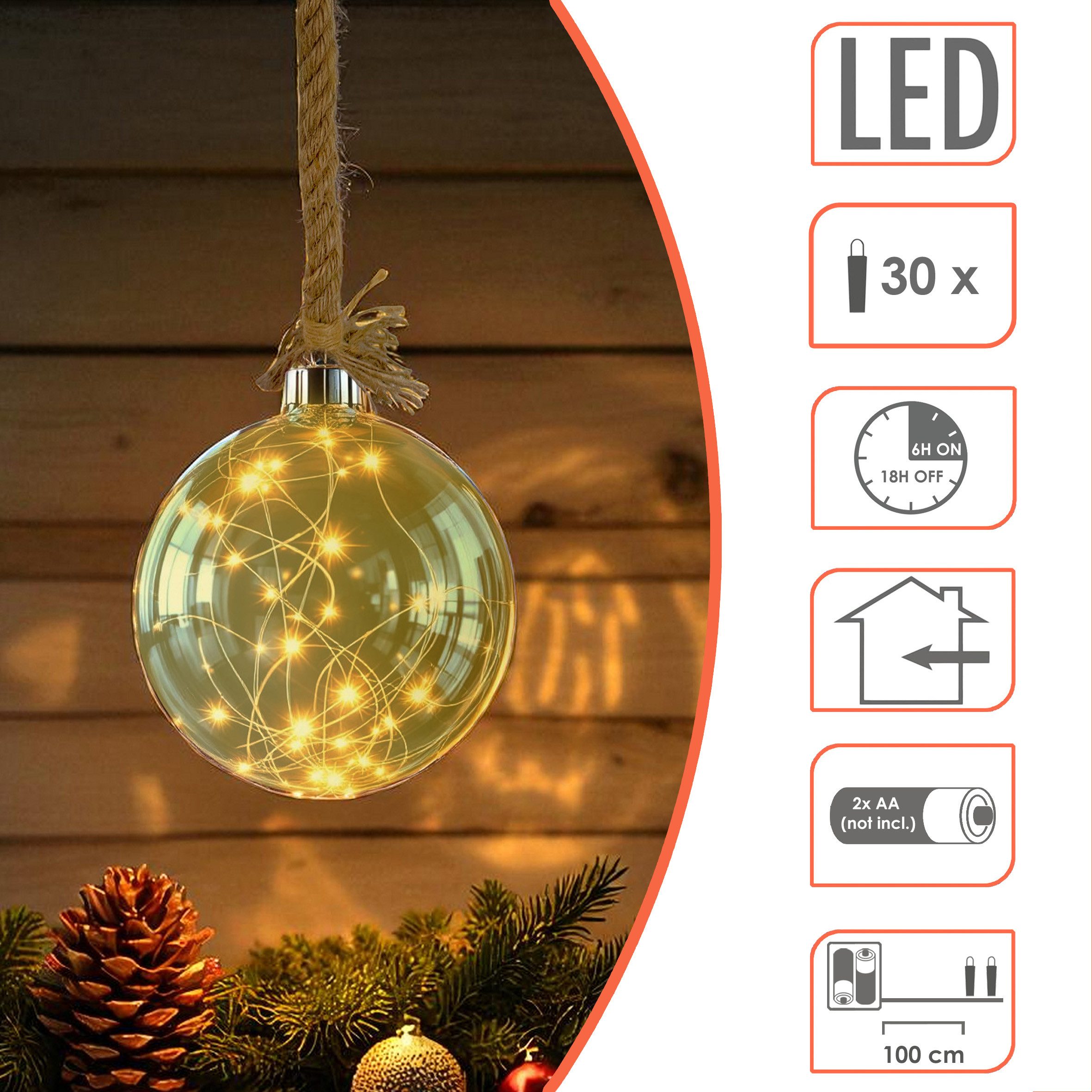 Spetebo LED Dekoobjekt LED Glas Kugel auf Seil 14 cm - Deko Kugel 30 LED, batterie betrieben, LED, warm weiß, Deko Kugel warmweiß beleuchtet mit Timer