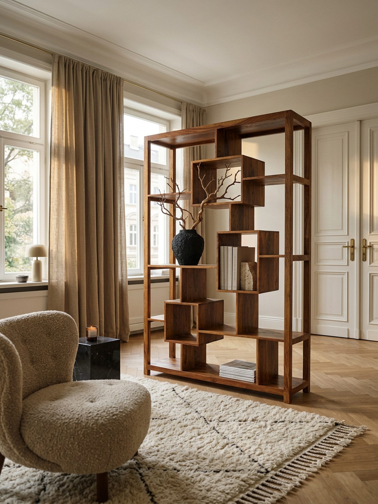 KADIMA DESIGN Bücherregal Bücherregal Massiv-Holz 115 x 180 cm Wohnzimmer-Regal Standregal, Ablagefächer Design Landhaus-Stil Standregal