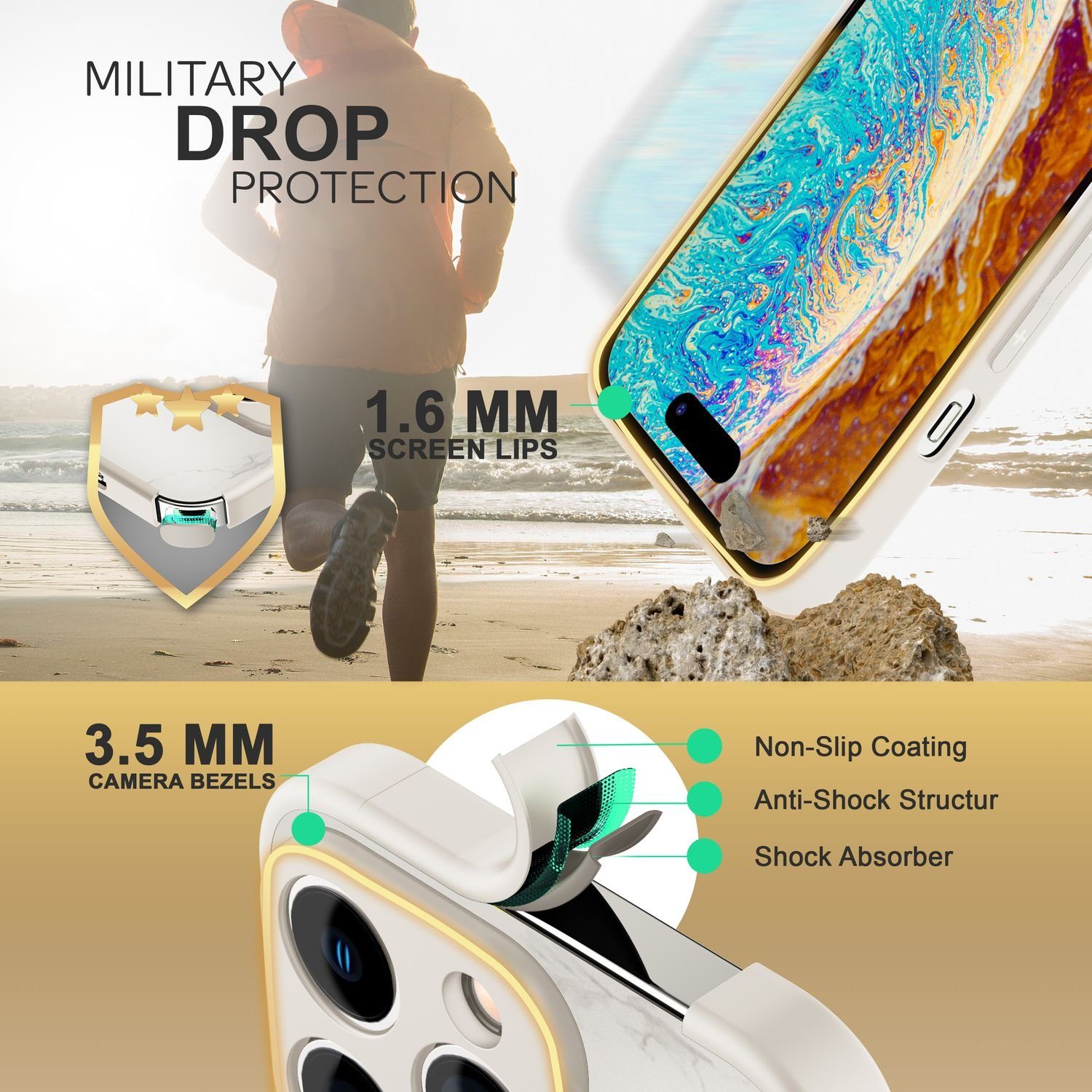 Nalia Smartphone-Hülle Apple iPhone 14 Pro 15,5 cm (6,1 Zoll), Hartglas Hülle Marmor-Optik / 9H Tempered Glass / Robust / Marble Case
