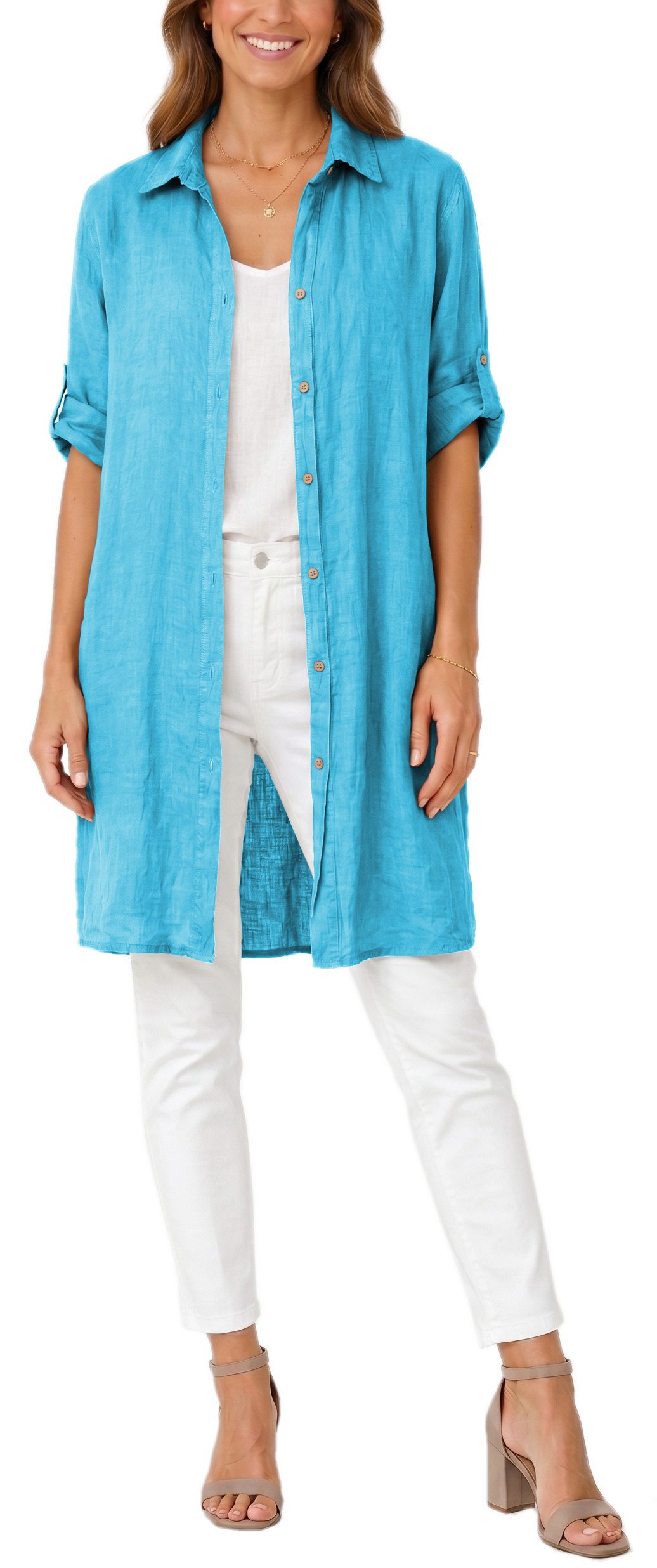 dy_mode Longbluse Damen Leinen Longbluse Sommer Hemdbluse Blusenkleid Luftige Tunika in Unifarbe, mit Knopfleiste