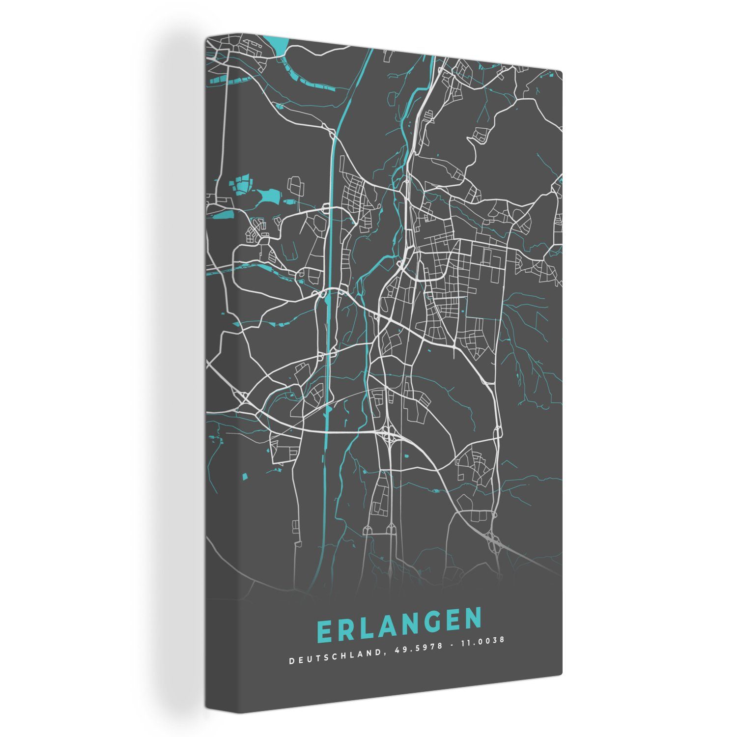 OneMillionCanvasses® Leinwandbild Karte - Stadtplan - Erlangen - Deutschland - Blau, (1 St), Leinwandbild fertig bespannt inkl. Zackenaufhänger, Gemälde, 20x30 cm