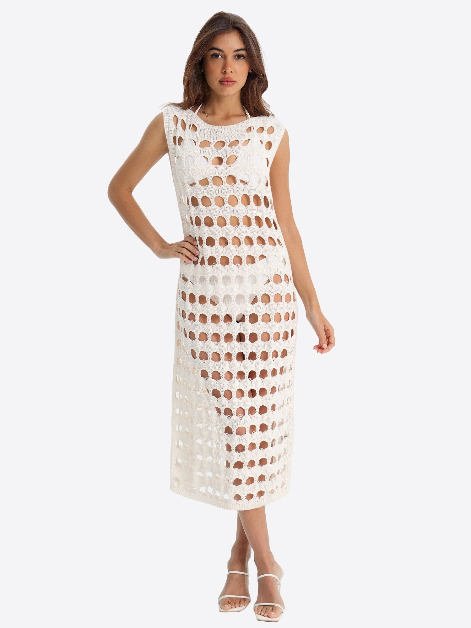 Imily Bela Strandkleid Damen Strand-Cover-up-Kleid mit Lochmuster (Packung, 1-tlg., 1per-Pack) in Unifarbe