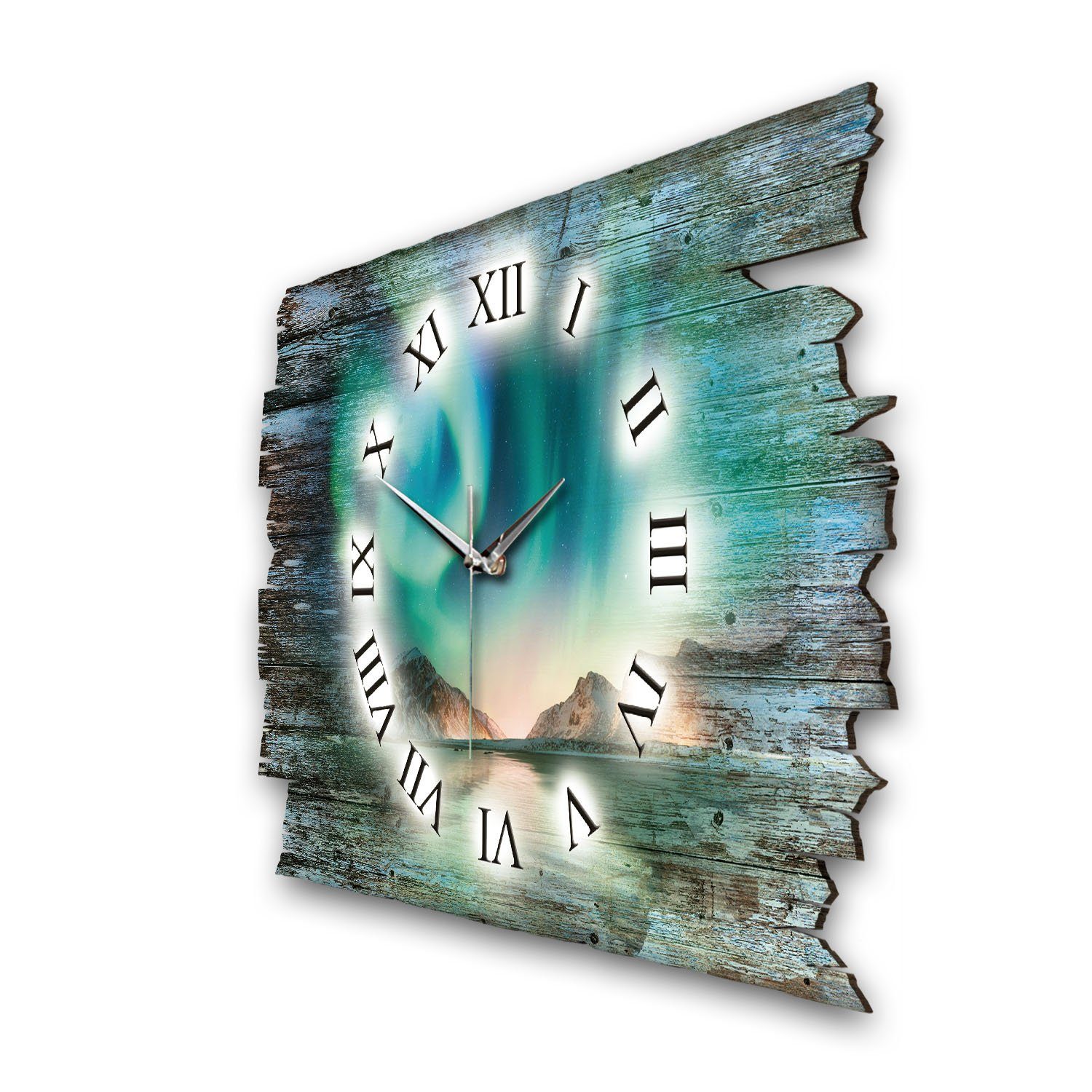 Kreative Feder Funkwanduhr Design-Wanduhr „Nordlichter“ aus Holz (ohne Ticken; flüsterleises Uhrwerk; außergewöhnlich, modern)