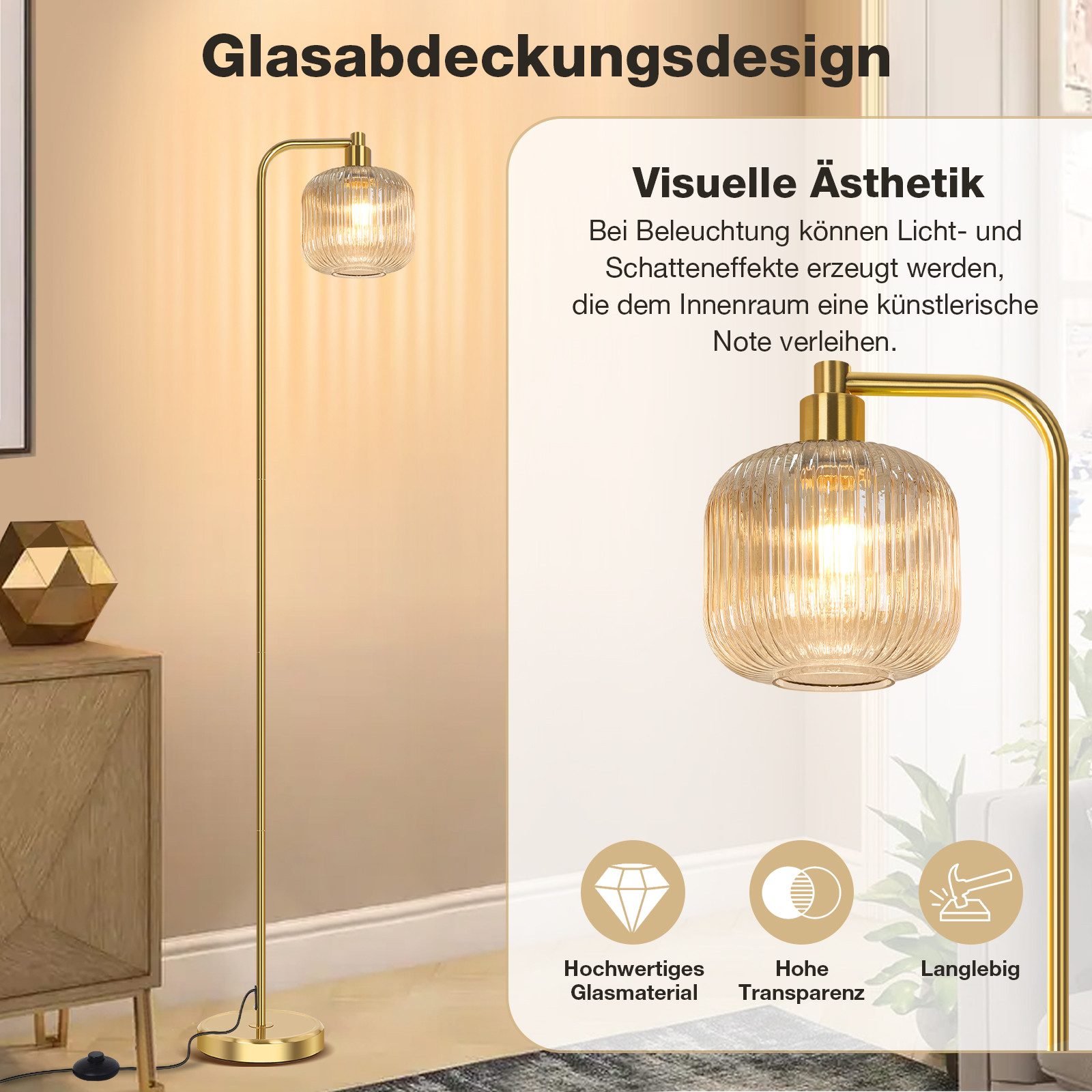Rosnek LED Stehlampe Vintage Stehleuchte Wohnzimmer Retro Leselampe für Schlafzimmer Büro, Hellbraun, LED wechselbar, Warmes Weiß, 170CM, mit 1 E27 Glühbirne, Glas Lampenschirm & Fußschalter für Studio
