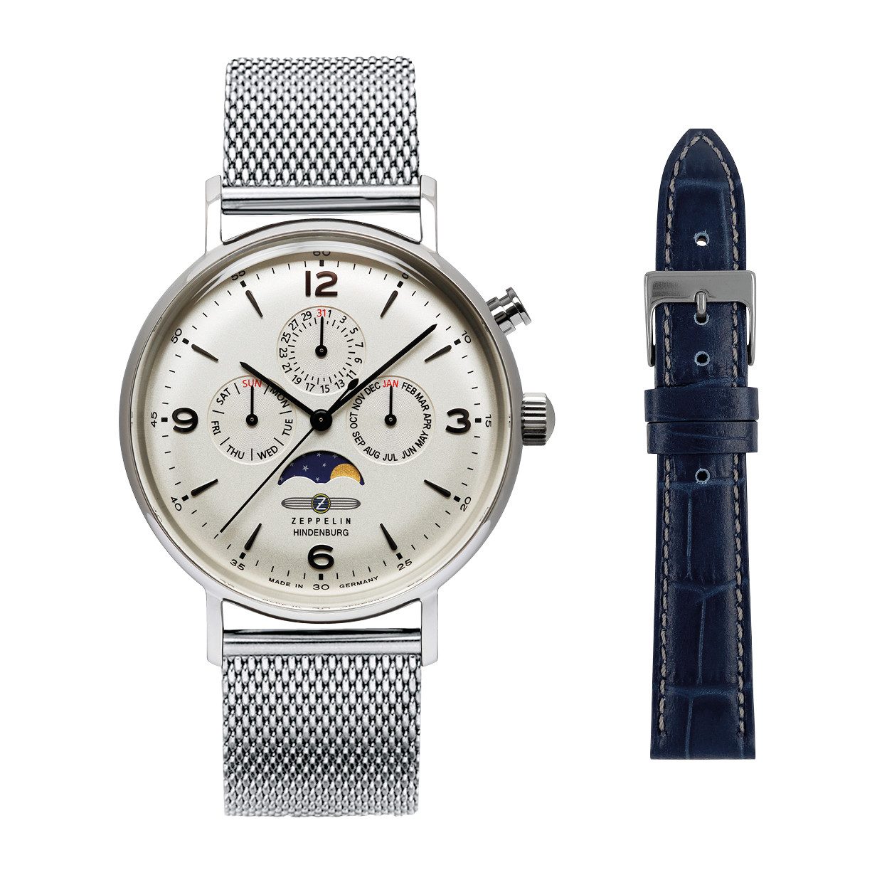 ZEPPELIN Quarzuhr Hindenburg 8074M-5_SET, (Set, 2-tlg., mit Wechselarmband), Armbanduhr, Herrenuhr, Made in Germany, Edelstahlarmband