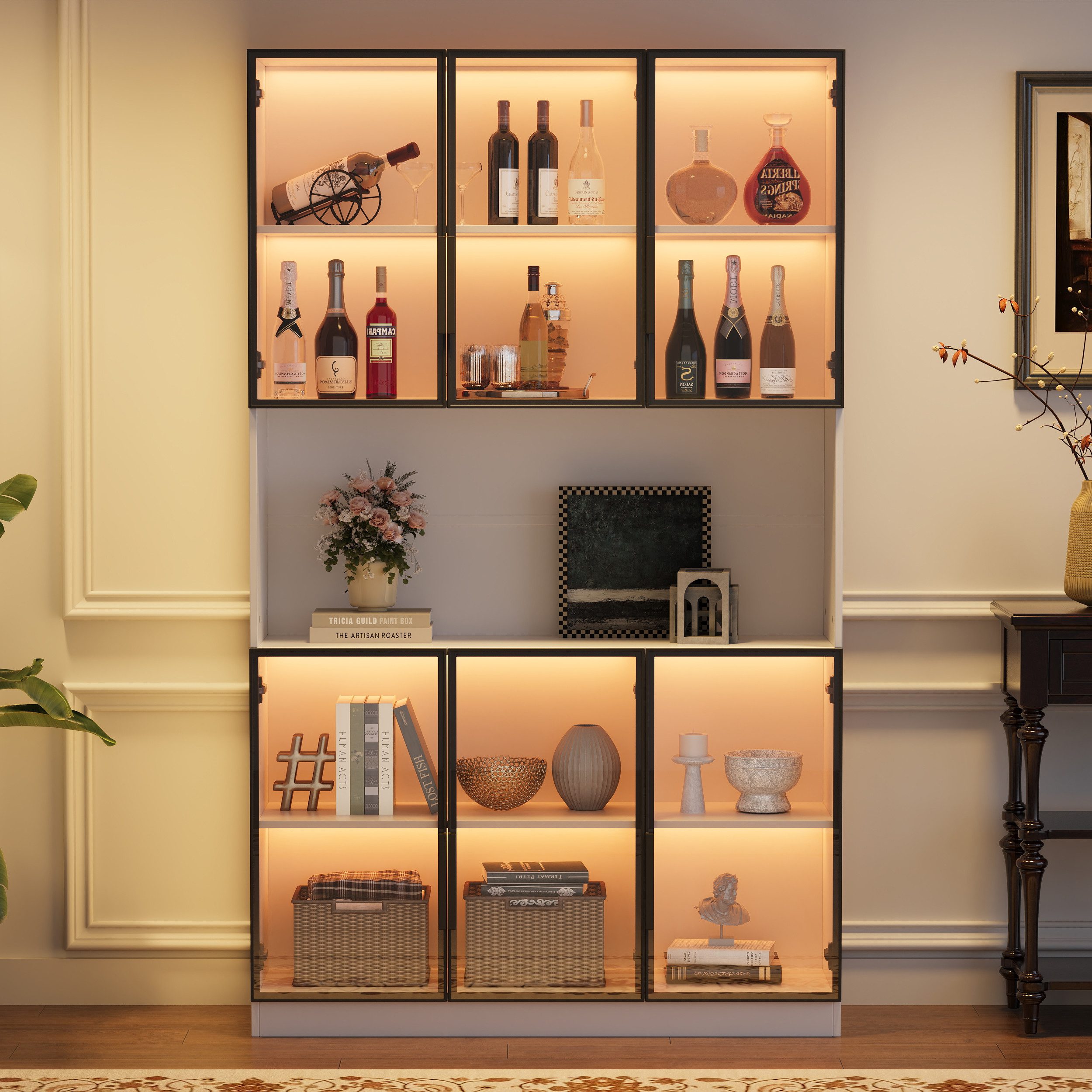 Merax Glasvitrine mit LED-Beleuchtung per App (Multifunktionsschrank Vitrinenschrank, 1-St., Hochschrank Wohnzimmerschrank Schrank) Vitrine mit 6 Glastüren und Stauraum, Standvitrine, 120x34x200cm