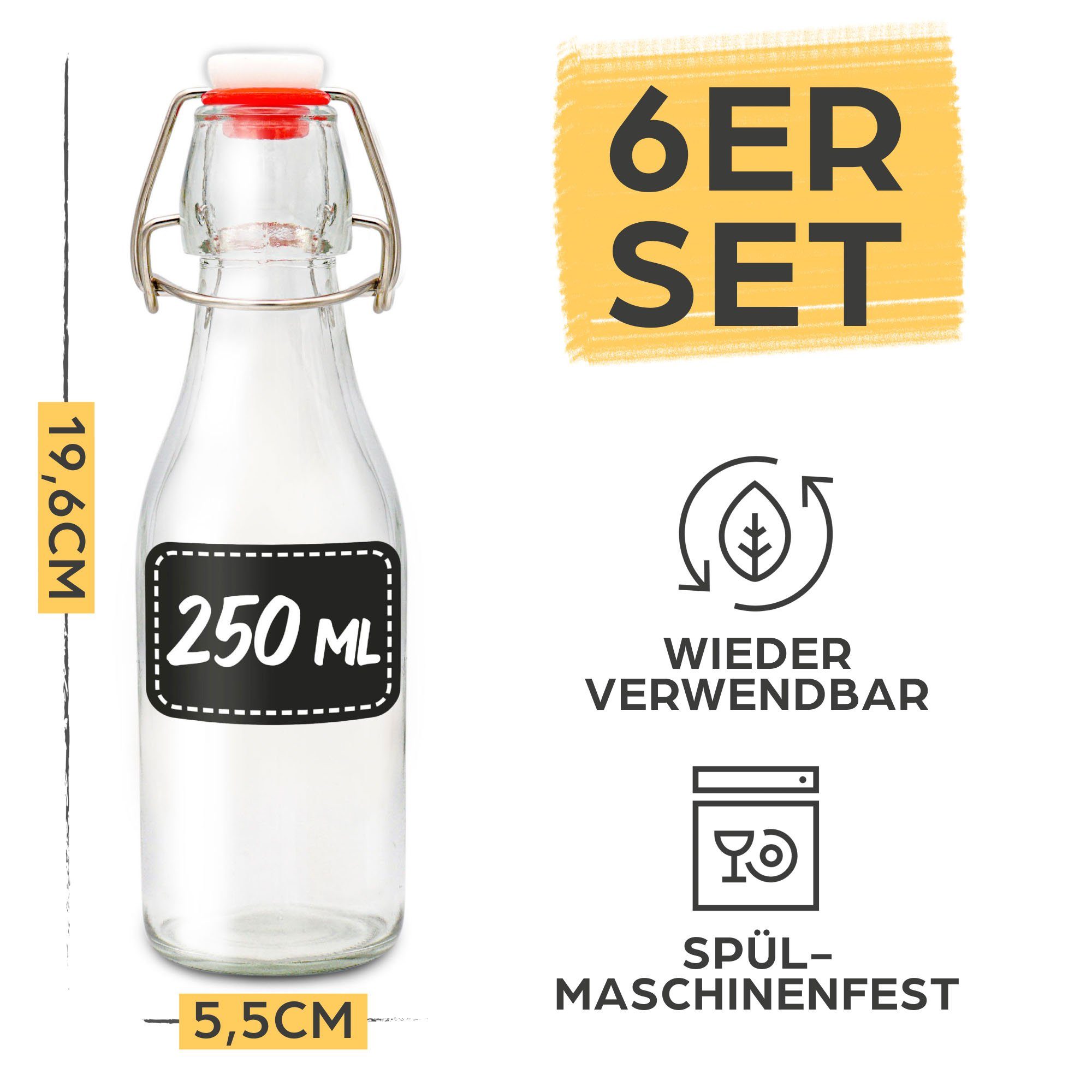 Praknu Trinkflasche 6er Set Glasflaschen 250ml mit Bügelverschluss - Bügelflaschen Zum, Öl Flasche, Flaschen Aufbewahrung, Likörflaschen, Bügelflasche Set
