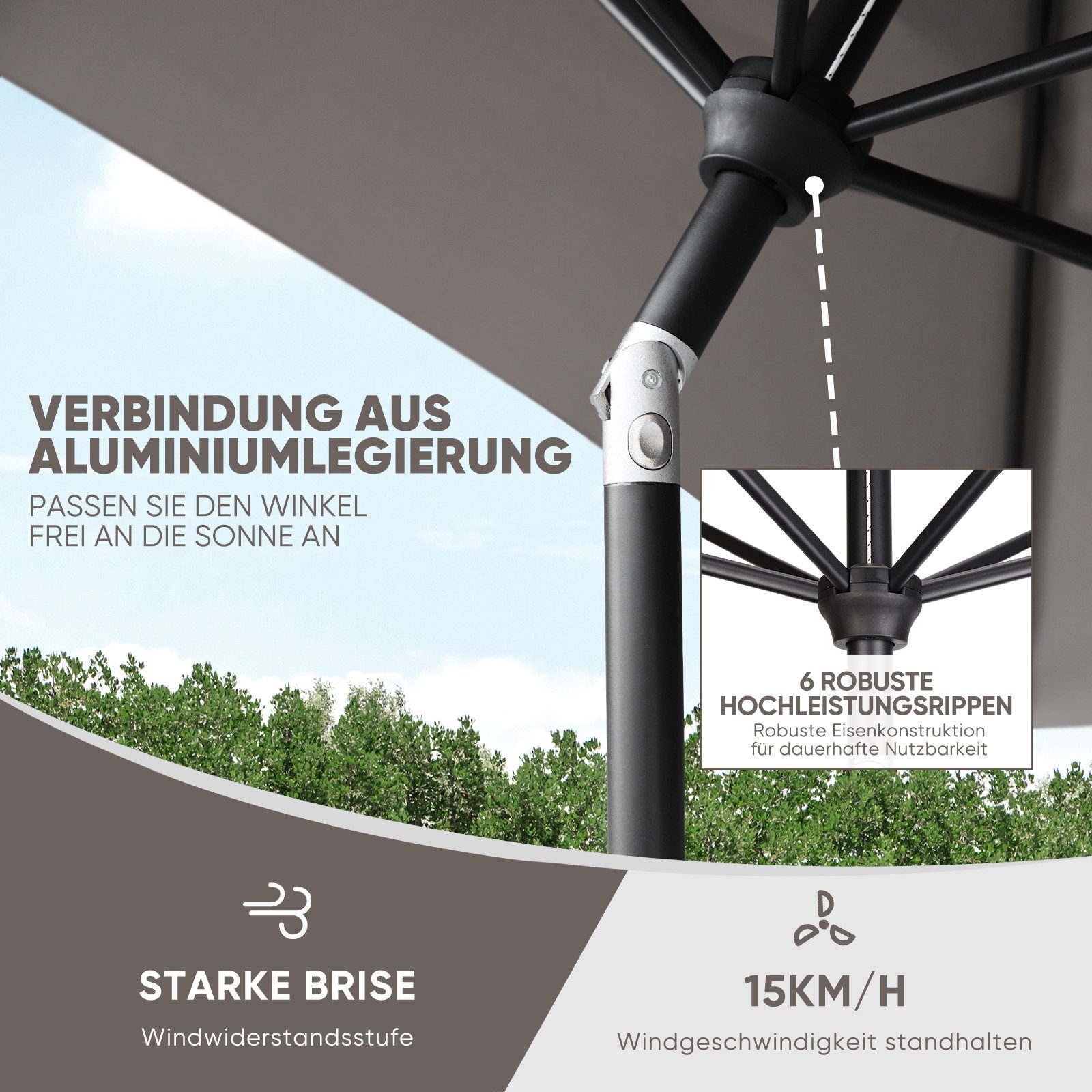 Sekey Sonnenschirm 210 x 140 cm Aluminum Sonnenschirm Rechteckig Marktschirm mit Kurbel, LxB: 210,00x140,00 cm, mit/ohne LED-Lichtern, Sonnenschutz UV50+, Garte – Bild 4 von 5