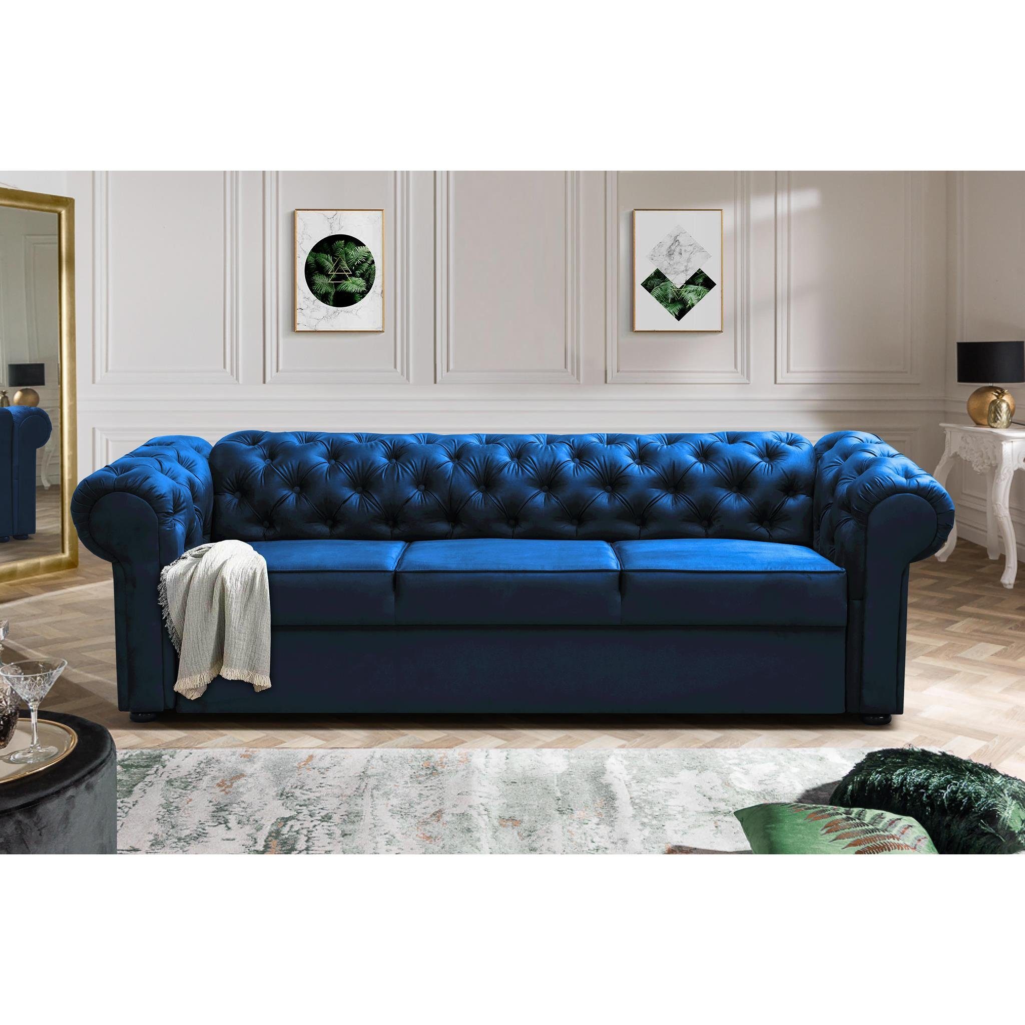 Beautysofa 3-Sitzer Chester, Sofa mit Steppung, Dreisitzer Sofa aus Velours, mit Relaxfunktion Marineblau (kronos 09)