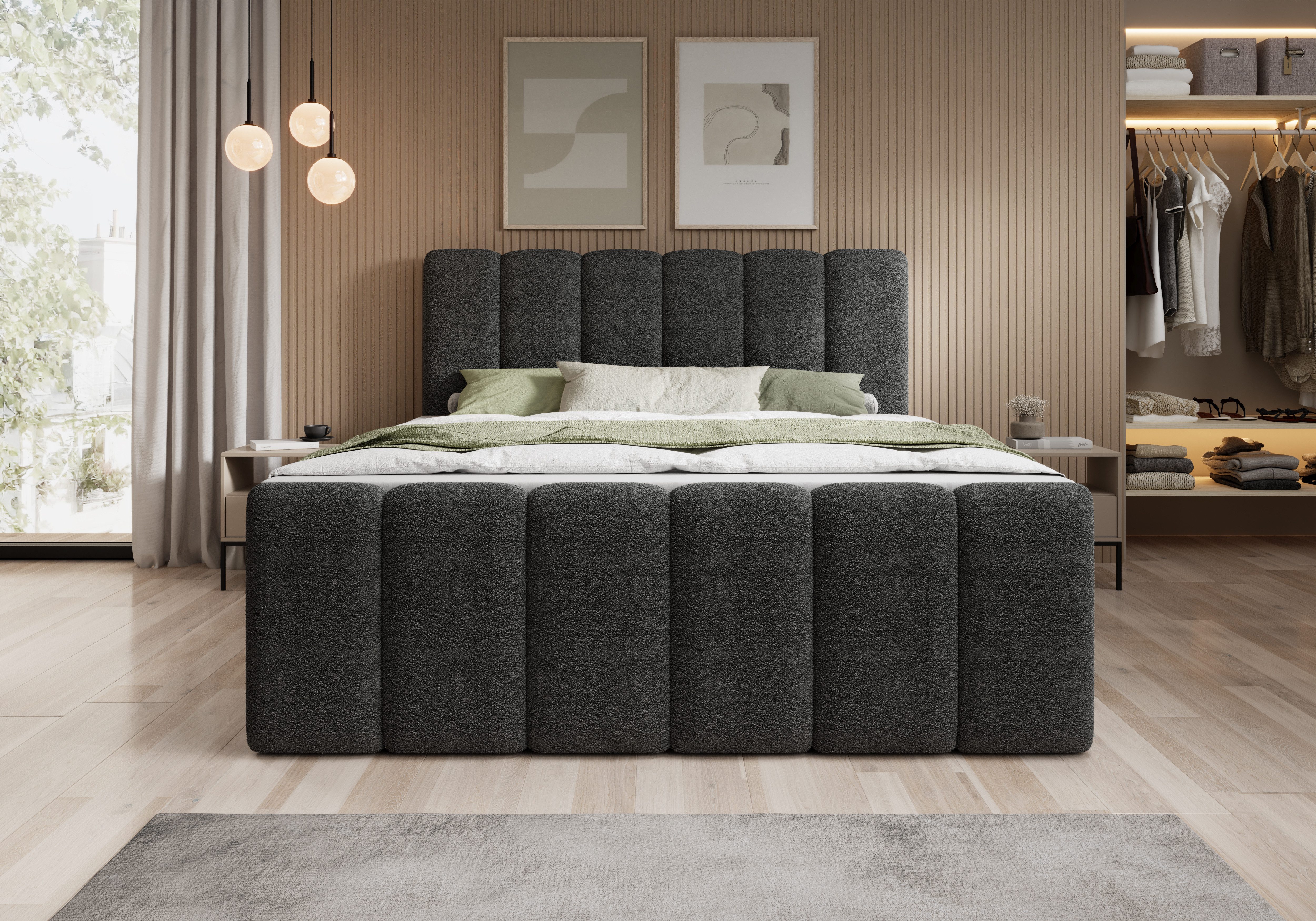 thematys Boxbett mit Bettkasten 140x200–200x200 cm – Velours oder Bouclé Bezug – (Polsterbett Bonnellfederkern Matratze H3 + Gratis 3cm Topper, Boxbett - Luxus  – Bild 2 von 5