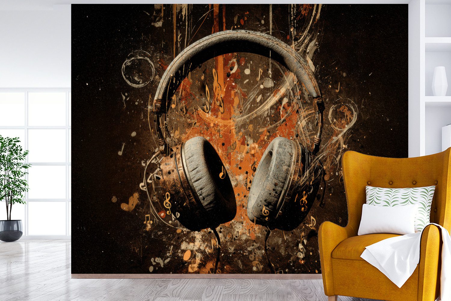 MuchoWow Fototapete Kopfhörer - Braun - Dynamische Pinselstriche, Matt, bedruckt, Montagefertig Vinyl Tapete, Wandtapete, 275x220 cm
