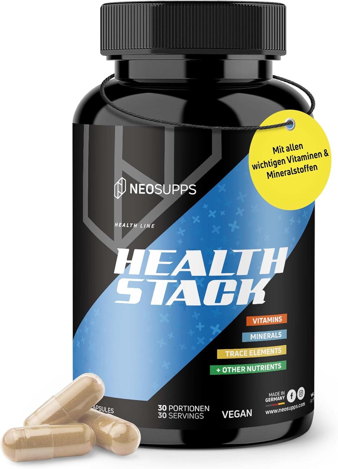 Neosupps Health Stack - All-in-One Nahrungsergänzungsmittel - Made in Germany Kapseln, mit Vitaminen, Mineralstoffen & Spurenelementen