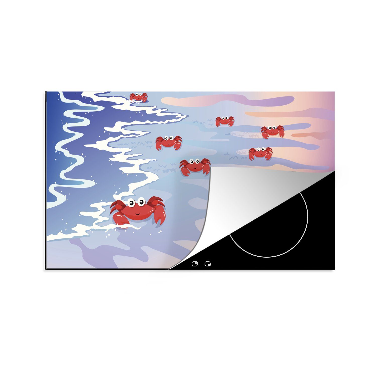 MuchoWow Herdblende-/Abdeckplatte Illustration von roten Krabben am Strand, Vinyl, (1 tlg), 83x51 cm, Ceranfeldabdeckung, Arbeitsplatte für küche