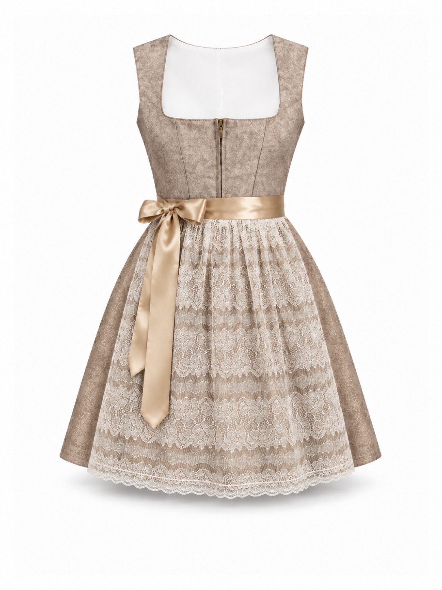 CMRBALL Dirndl Elegantes Spitzen Dirndl in Taupe (Set, 2-teiliges Set: Dirndlkleid und Spitzenschürze) Spitzenschürze, Satinschleife und Frontreißverschluss