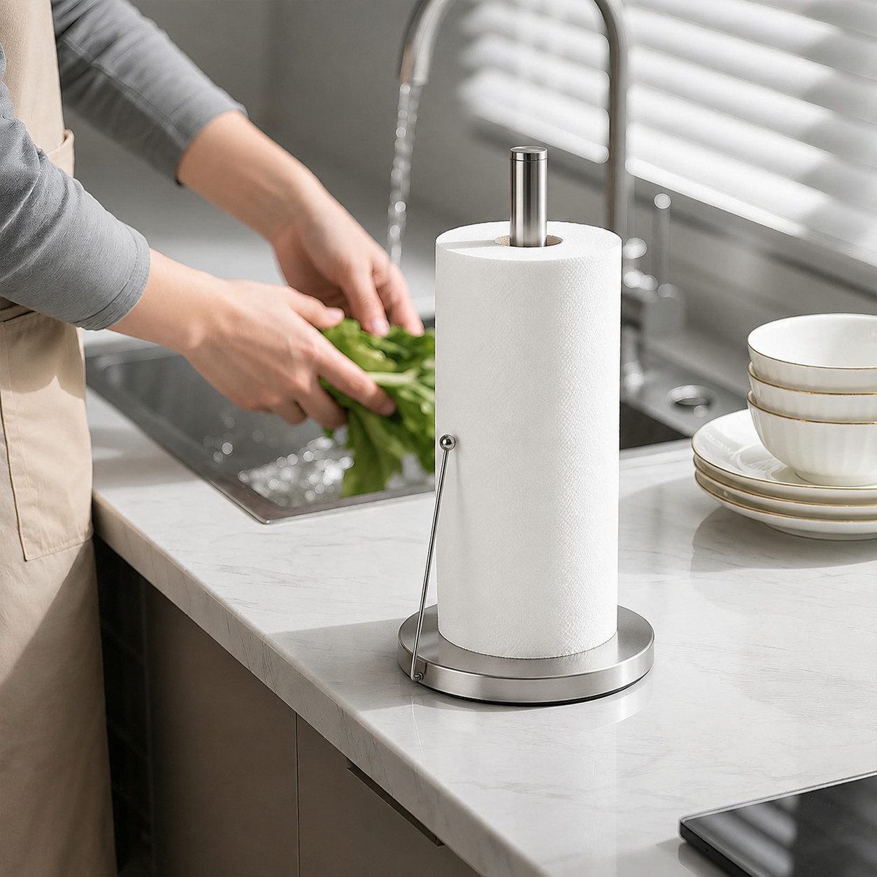ibettertec Küchenrollenhalter stehend,Küchenpapierständer,Papierrollenhalter Küche, (mit schwerem Standfuß,Edelstahl Premium, Abrollstopp), rutschfest für Küche und Haushalt