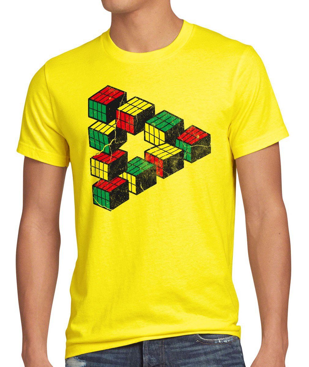 style3 Print-Shirt Herren T-Shirt Cube Big Bang Sheldon Escher Cooper Penrose Dreieck Würfel Theory gelb