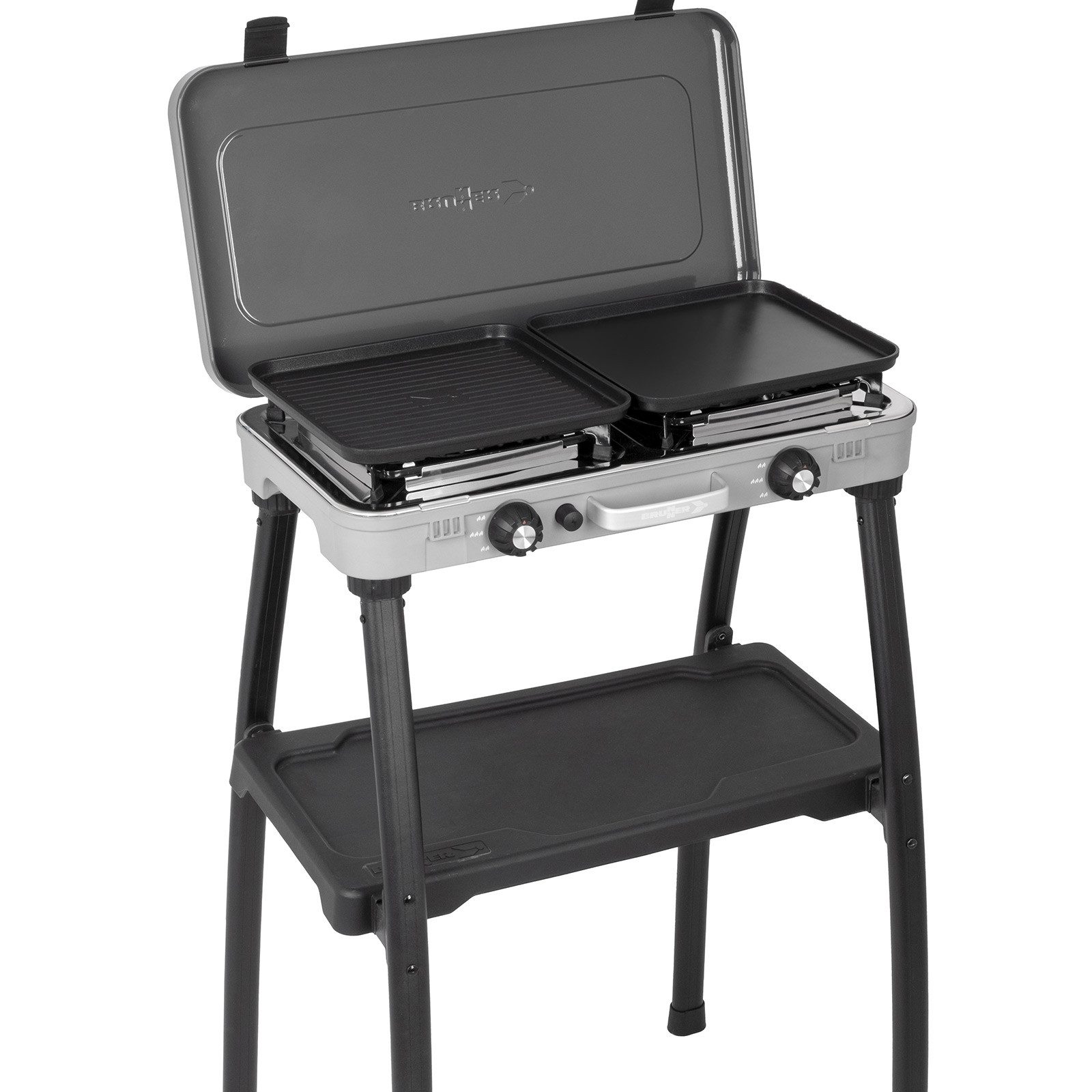 BRUNNER Gaskocher BRUNNER Devil Kookmaster Camping-Gaskocher – Komplettset mit 4 Beinen, (50mbar - Mit Gasregler + Gasschlauch)