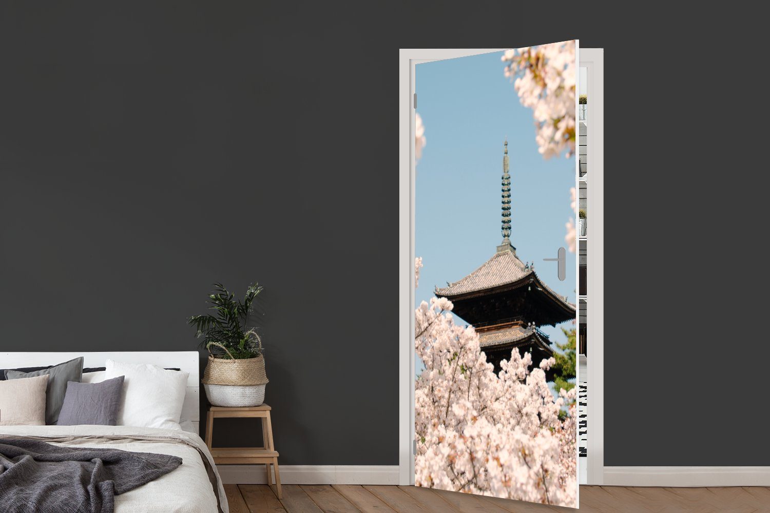 Tür, Pagode Fototapete Blütenbaum Frühling, - cm St), - Sakura Türtapete Türaufkleber, - bedruckt, MuchoWow Matt, Japan - für (1 75x205