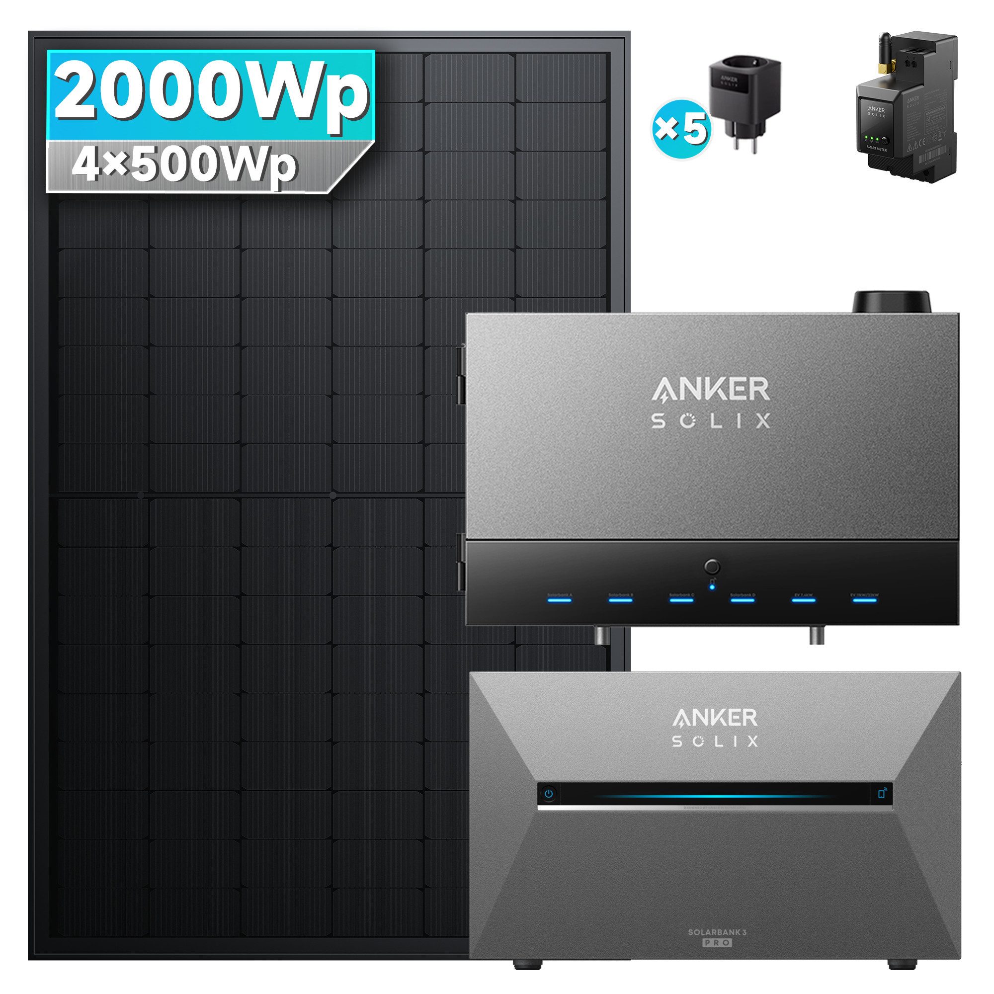 SolarMars Balkonkraftwerk mit Speicher 2000W mit Power Dock Solarbank Multisystem, (mit Anker Solix Solarbank 3 E2700 Pro und BP2700 (optional), 4x Solarmodule mit jeweils 500 W)