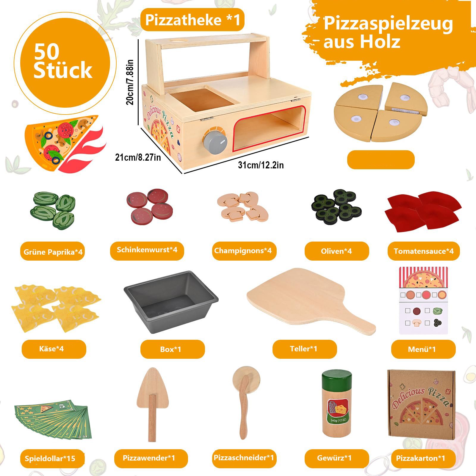 CLTYQ Spielküche 50-teiliges Pizzaspielzeug aus Holz,Pizzatisch-Set aus Hol günstig online kaufen
