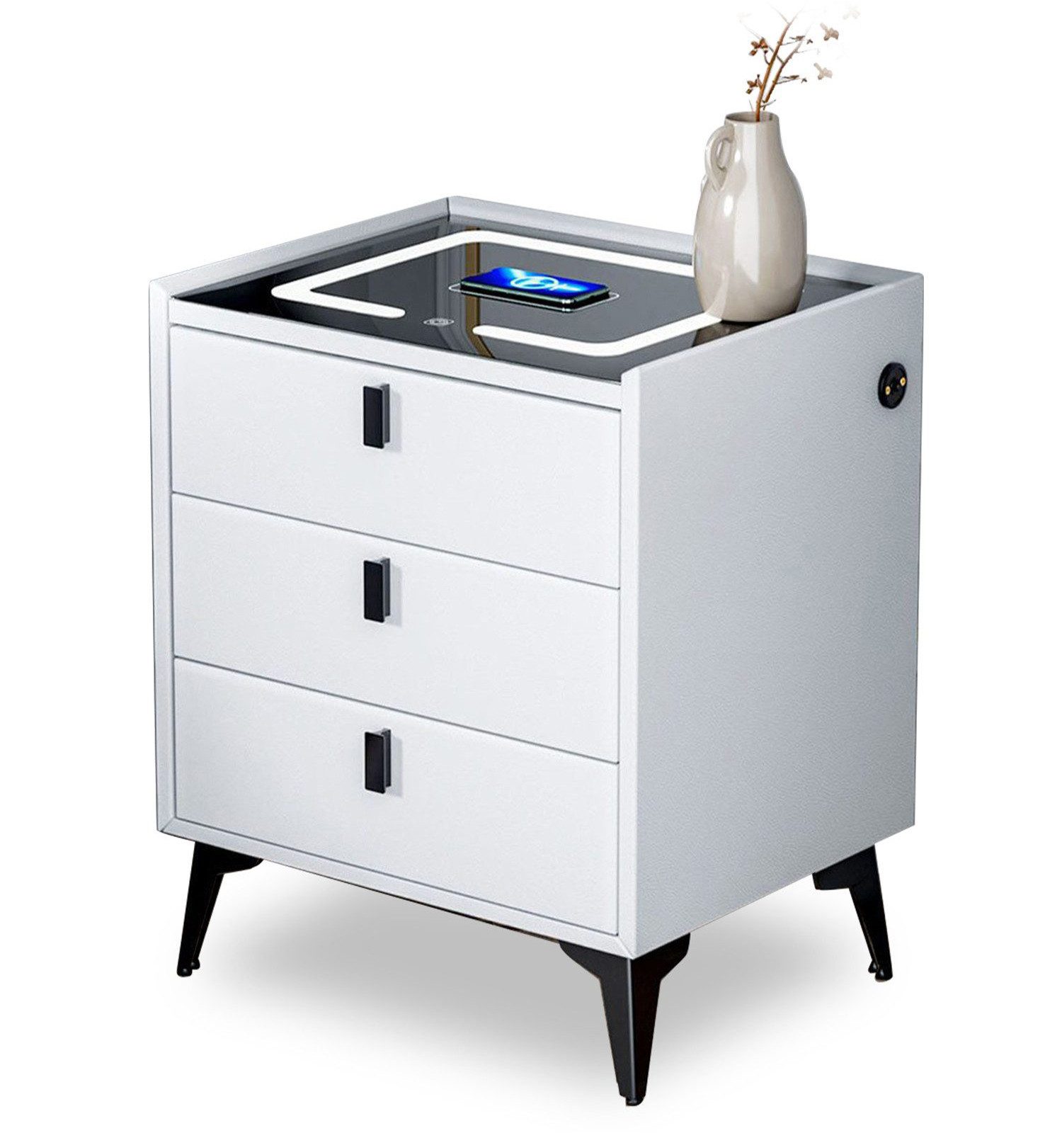 oyajia Nachttisch Nachttisch mit LED-Beleuchtung, mit 15W Kabelloses Laden,Beistelltisch (Schlafzimmer Nachttisch), Touch-Sensor-Licht, Modern Hochglanz Nachtschrank mit 3 Schubladen