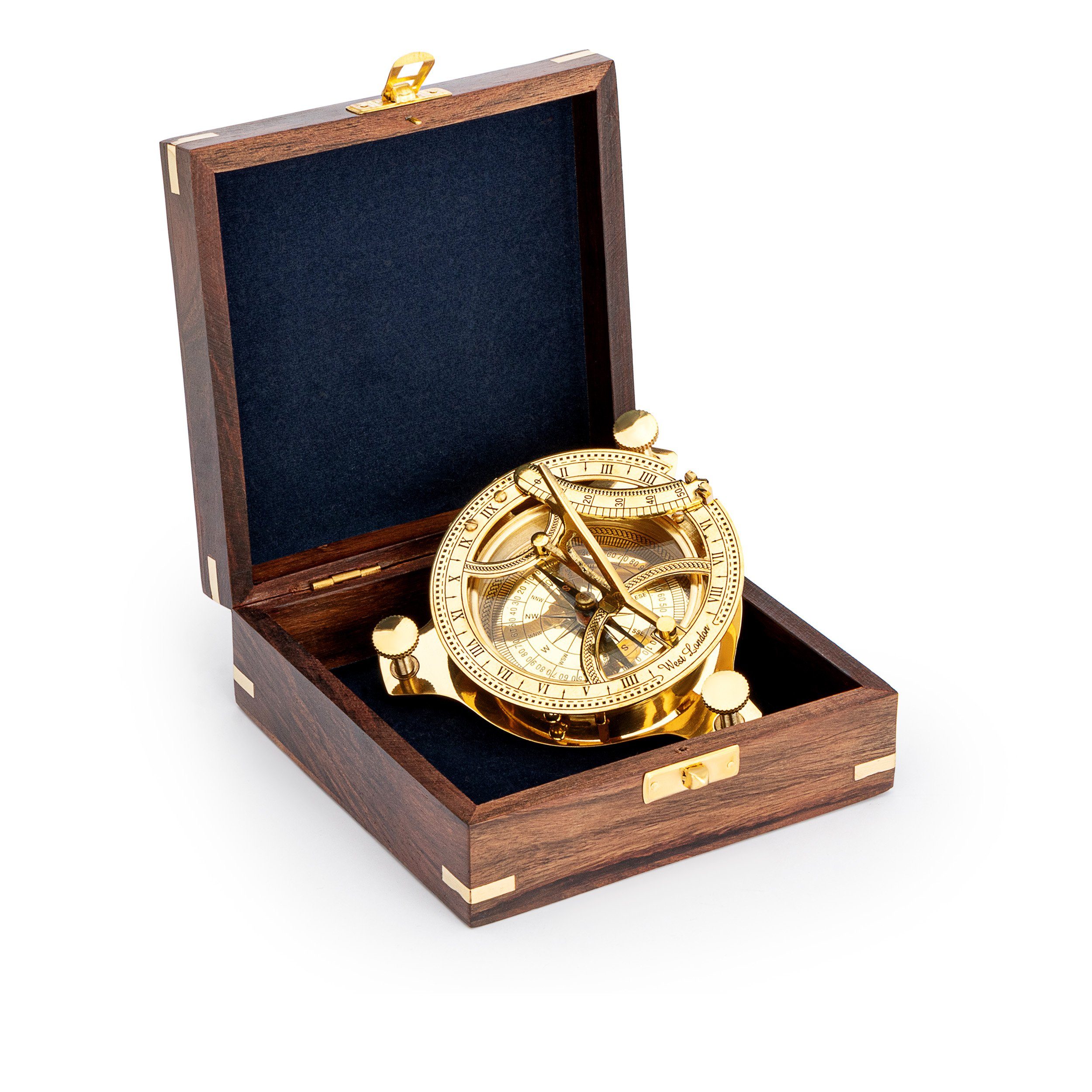 NKlaus Tischuhr Maritim Sonnenuhr-Kompass 11 cm in der Holzbox aus Messing Richtungsan