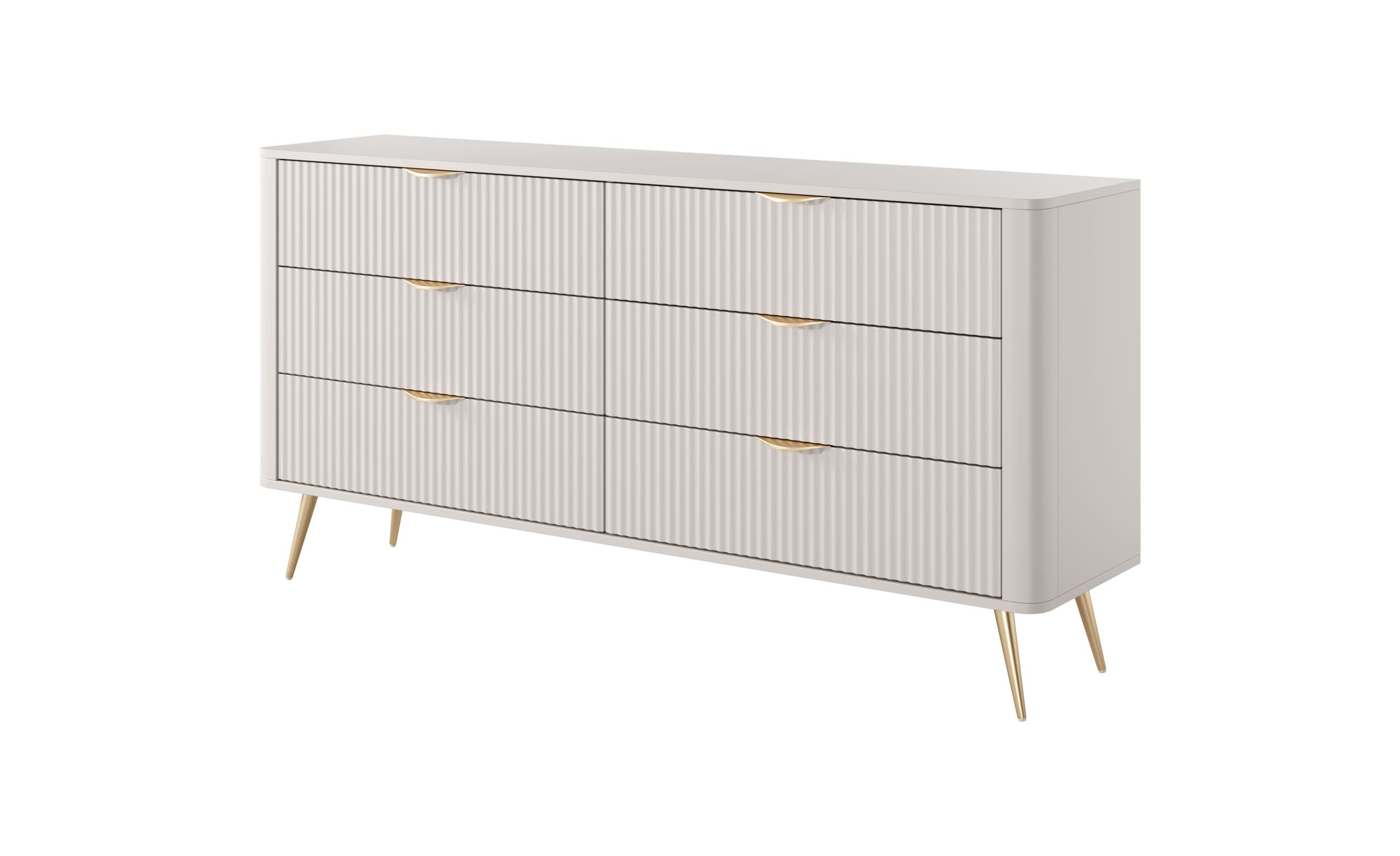 MOEBLO Kommode Pholx B 163 6s (Griffe und Beine aus Metall, geriffelte-Fronten, Sideboard Wohnzimmer Kommode Schlafzimmer Komodenschrank Highboard)