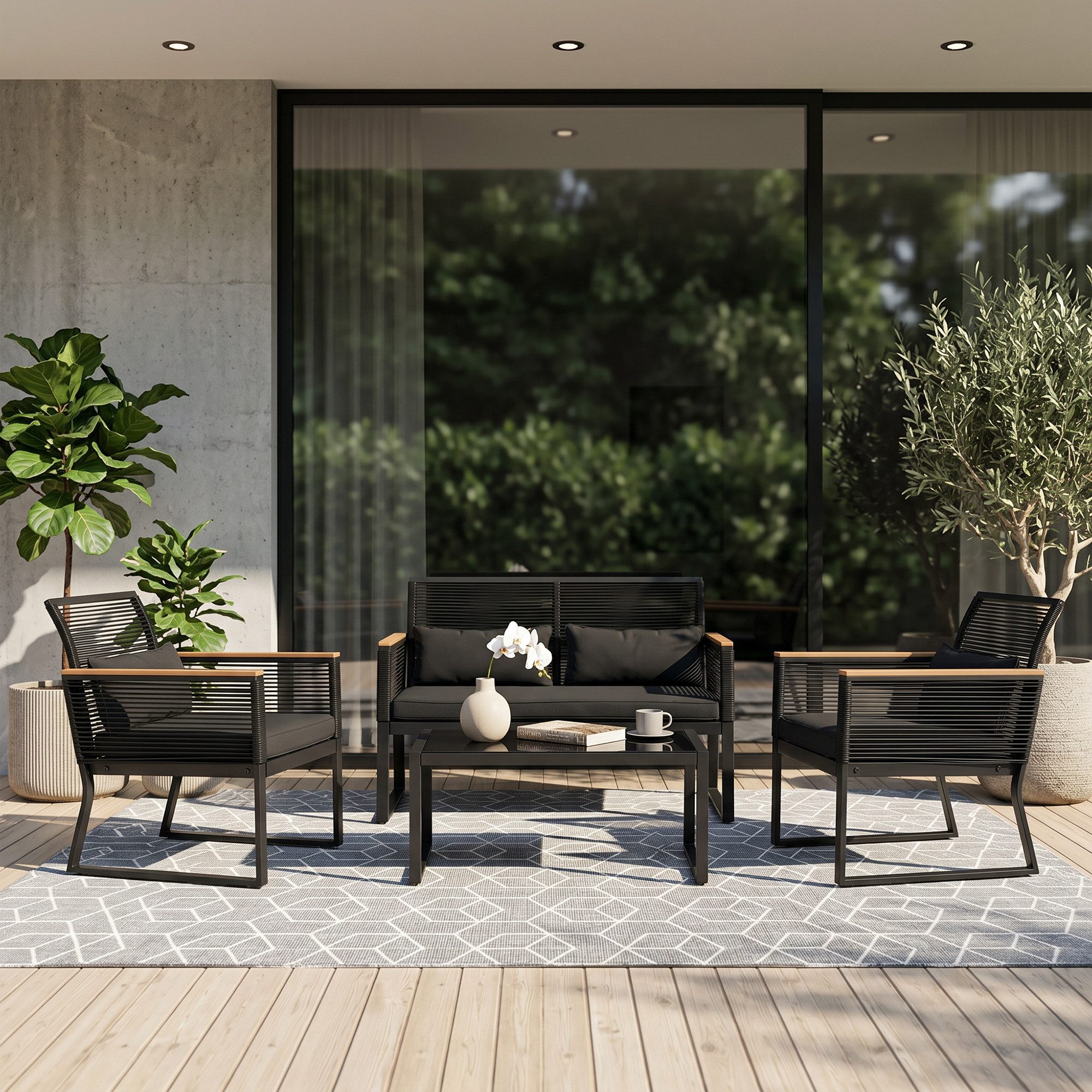 Gartenlounge-Set 4 tlg Gartenmöbel Set, Rattan Terassenmöbel für Außen