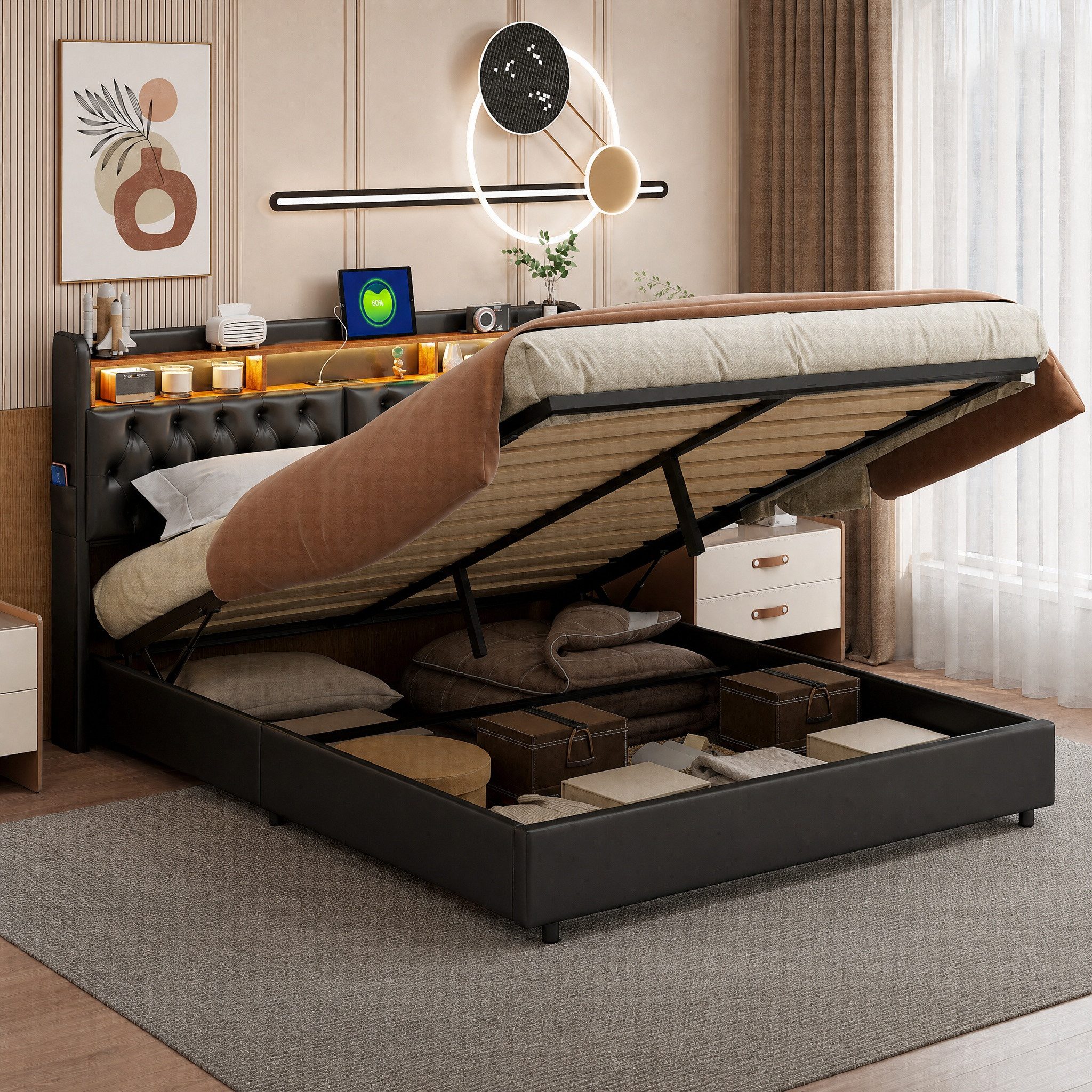 Simurq Polsterbett Stauraumbett 180x200cm, Bett mit LED Kopfteil, USB-Ladung (Hydraulisches Boxspringbett), Polsterbett mit RGB Beleuchtung, Ladefunktion (USB & Type-C)