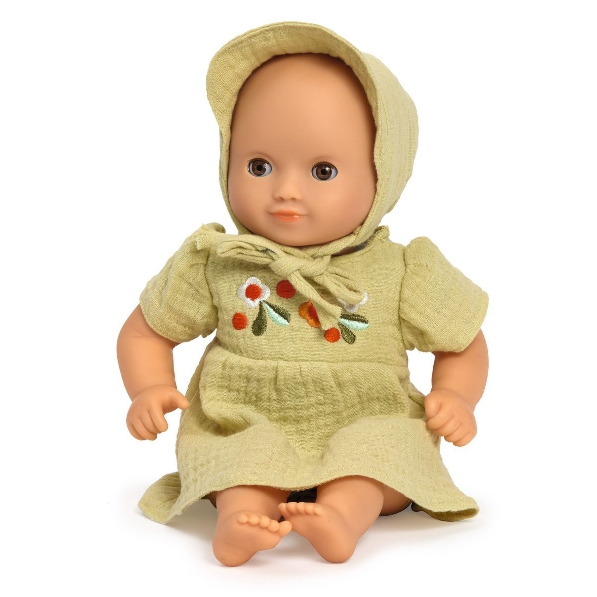 DJECO Puppenkleidung Pomea Frühlingskleid für Puppen 28–34 cm Häubchen zarte Gaze-Baumwolle