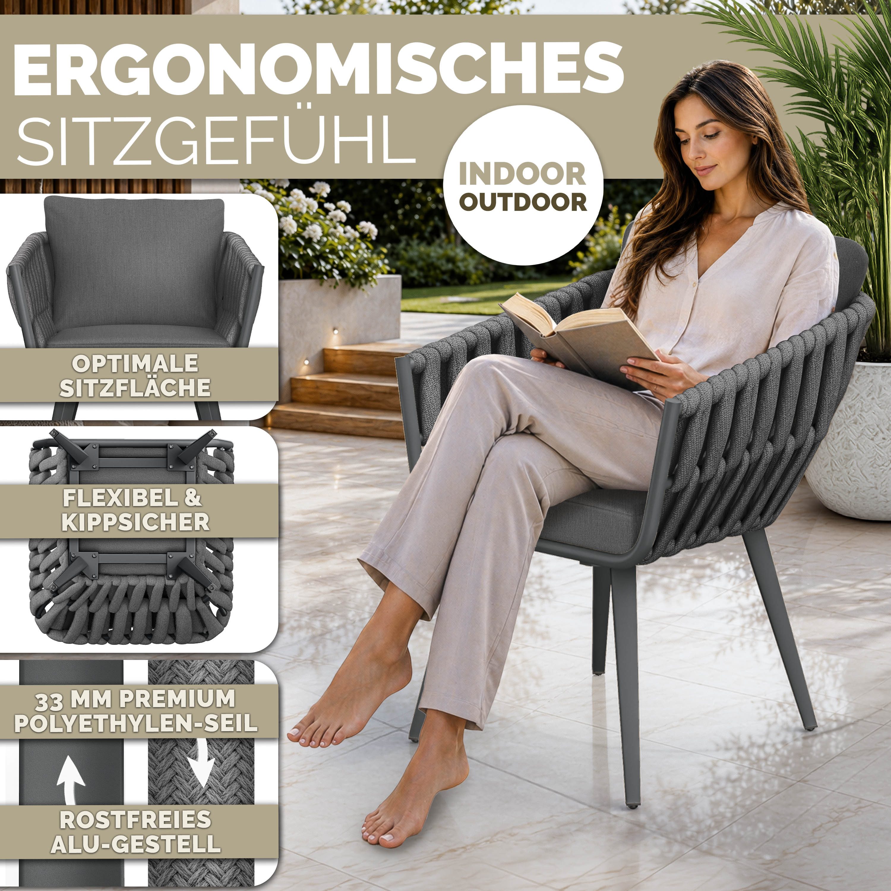 tillvex Gartentisch tillvex® Gartenstuhl Set Wetterfest mit Armlehne Rope Design (Gartenstühle UV-beständig Terrassenstuhl Rope Sessel Gartenmöbel, 2-St., Desig – Bild 3 von 5