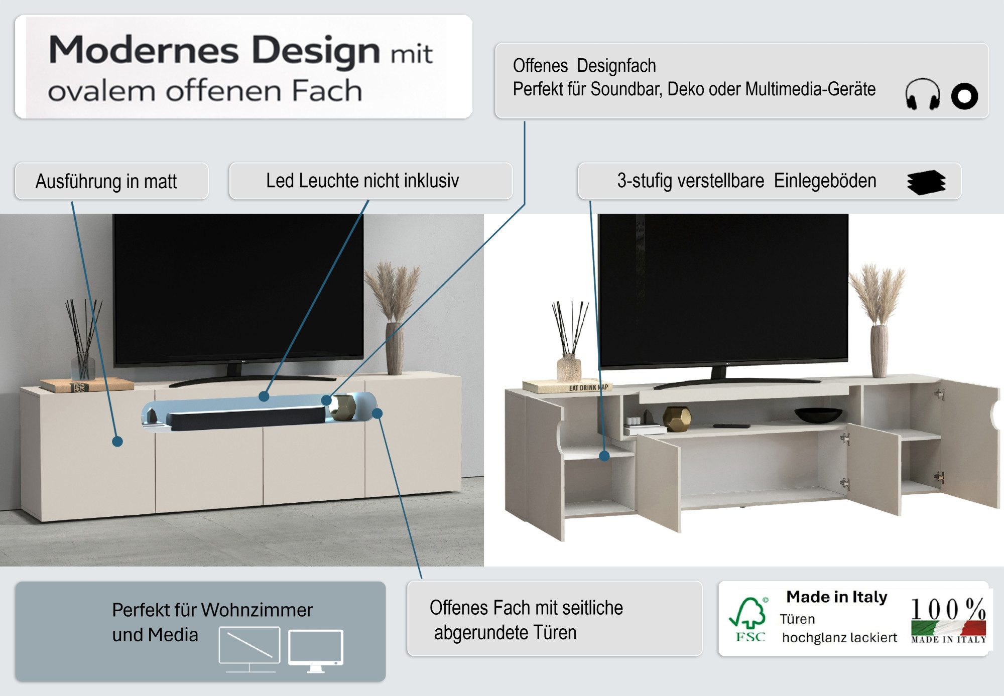 OTTO home Lowboard REAL,Lowboard,TV-Kommode,TV-Möbel,TV-Bank (1 St), Mit 4 Türen, davon 2 abgerundet, die ein ovales offenes Fach bilden