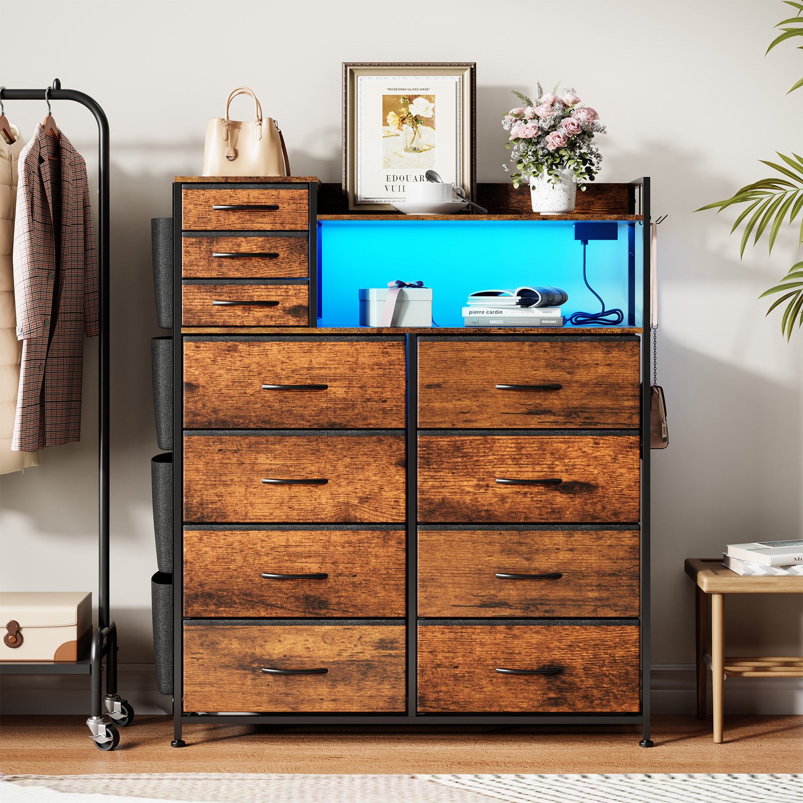 GarveeMore Kommode Highboard Kombikommode Schubkastenkommode mit 8+3 Stoffschubladen (1 St), Hochkommode mit 4 Seitenfächer, USB-Anschluss, LED, Haken und Regale