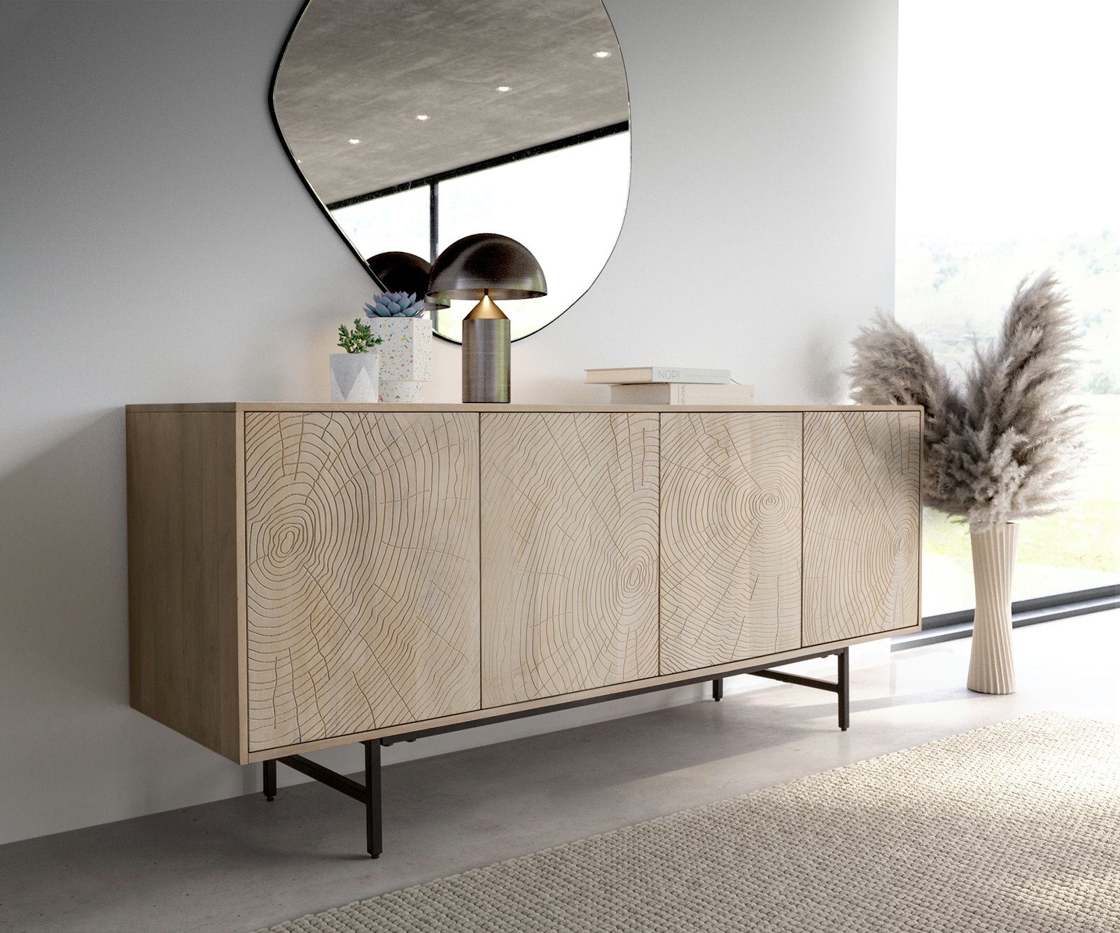 DELIFE Sideboard Wiara, Mango White Wash 180 cm Metall Schwarz 4 Türen günstig online kaufen