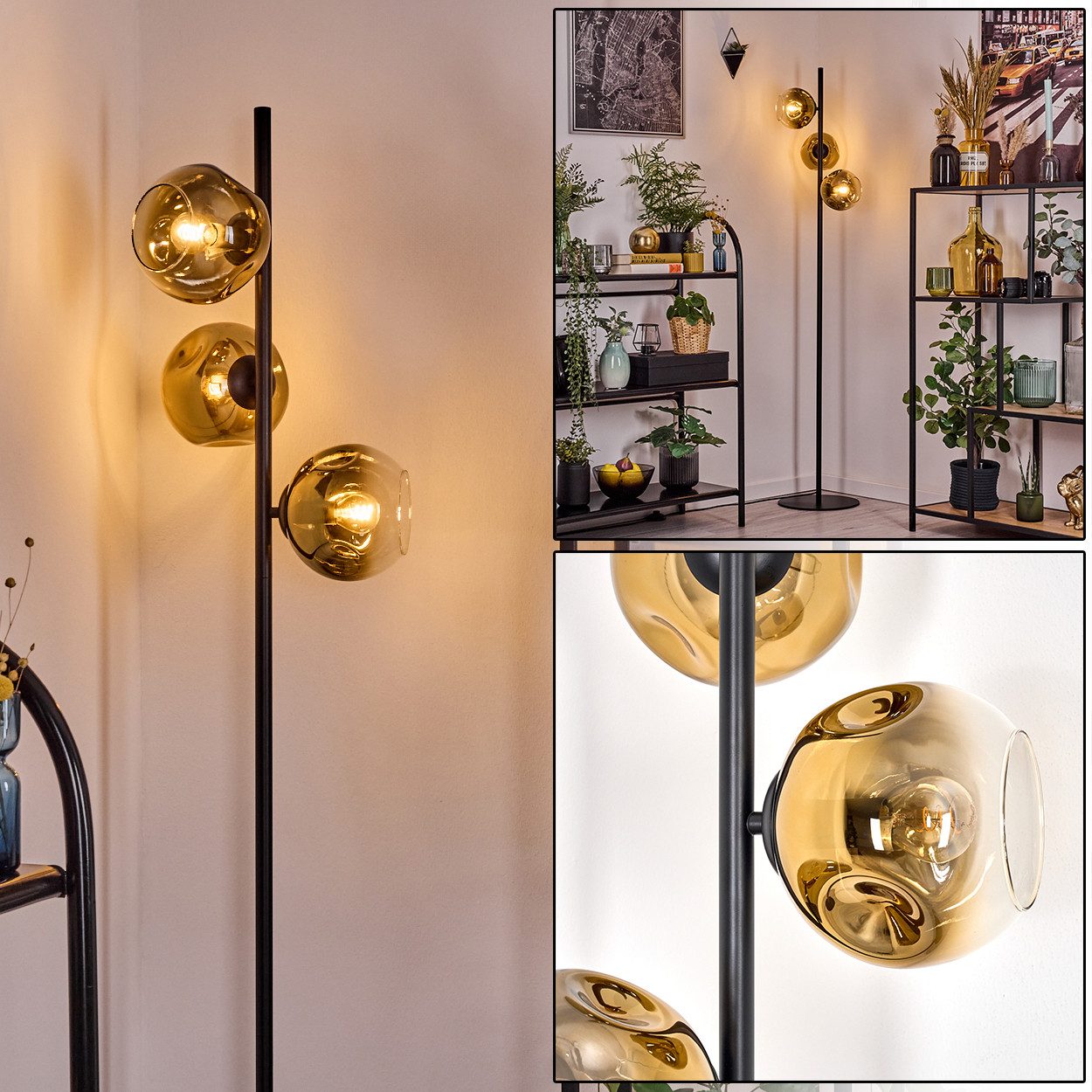 hofstein Stehlampe Stehlampe aus Metall/Glas in Schwarz/Goldfarben/Klar, Stehleuchte Retro/Vintage, Ø Schirme 15 cm, Fußschalter, 160 cm, E14