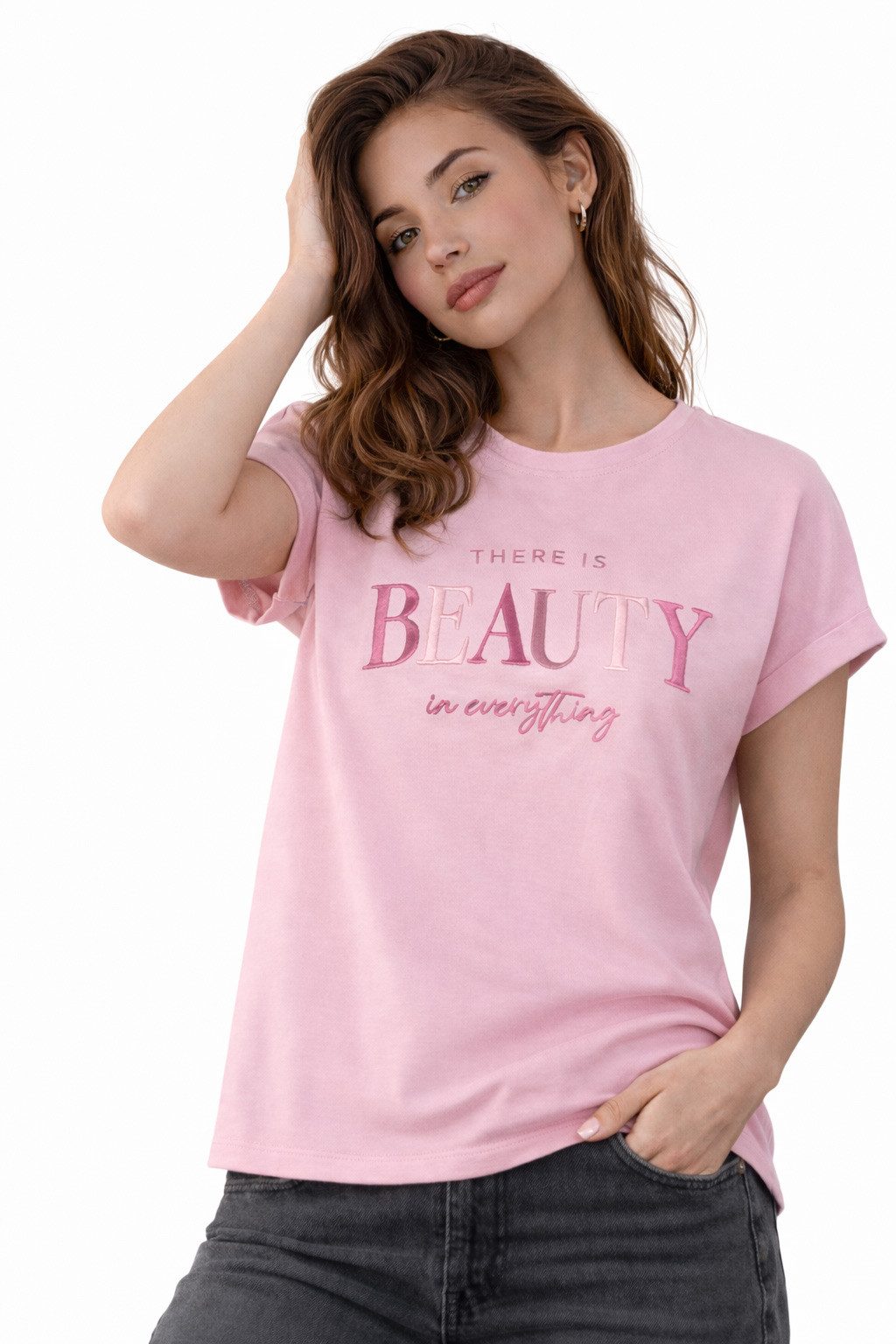 SUBLEVEL T-Shirt Damen Shirt Turn-Up Ärmel Weiches Basic Shirt Rundhals Kurzarm Baunwolle Modal Mix, super soft, unifarben, markenlogo