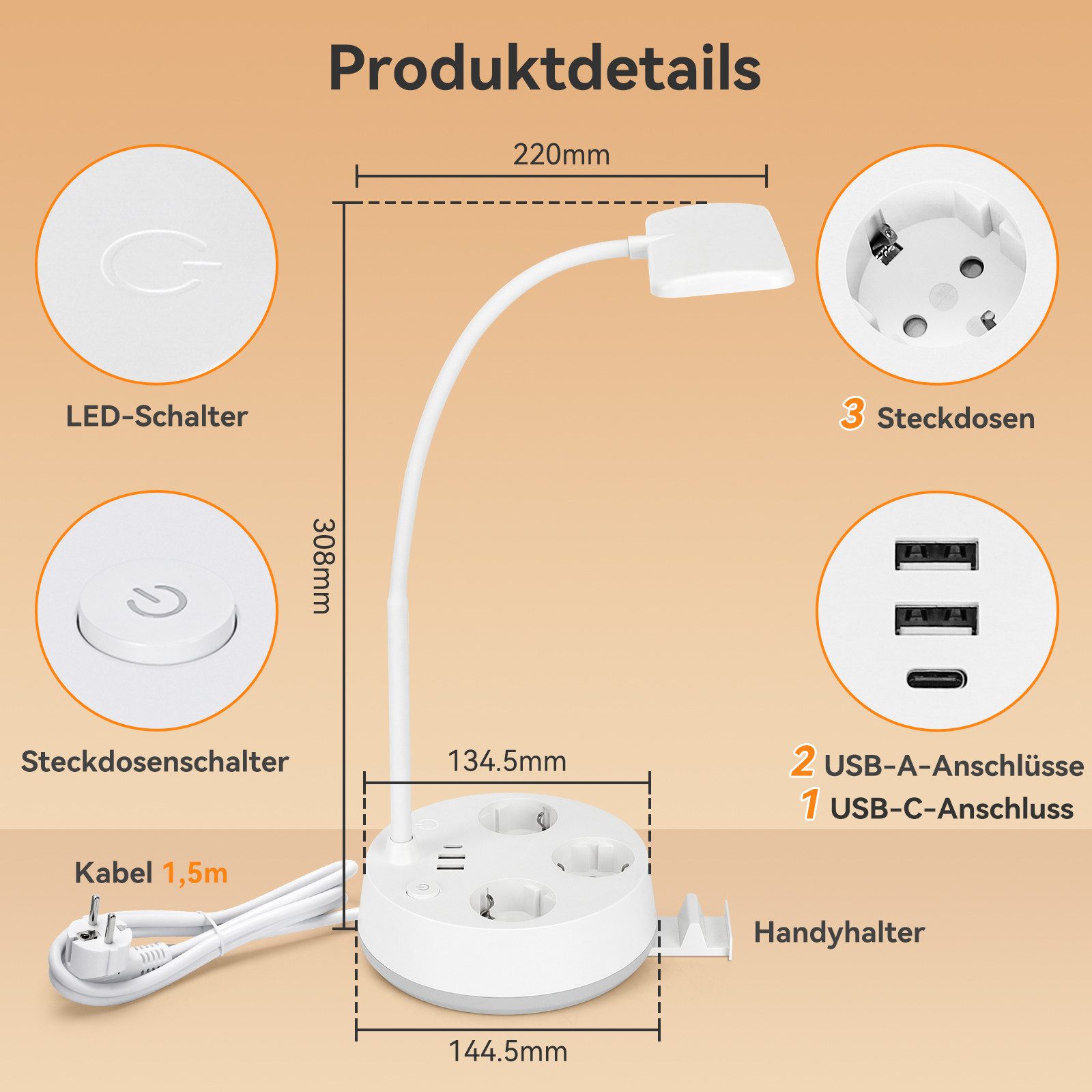 Aigostar Steckdosenleuchte Touch-Tischlampe mit USB & Typ-C, 3 Farben, Dimmen,Weiß