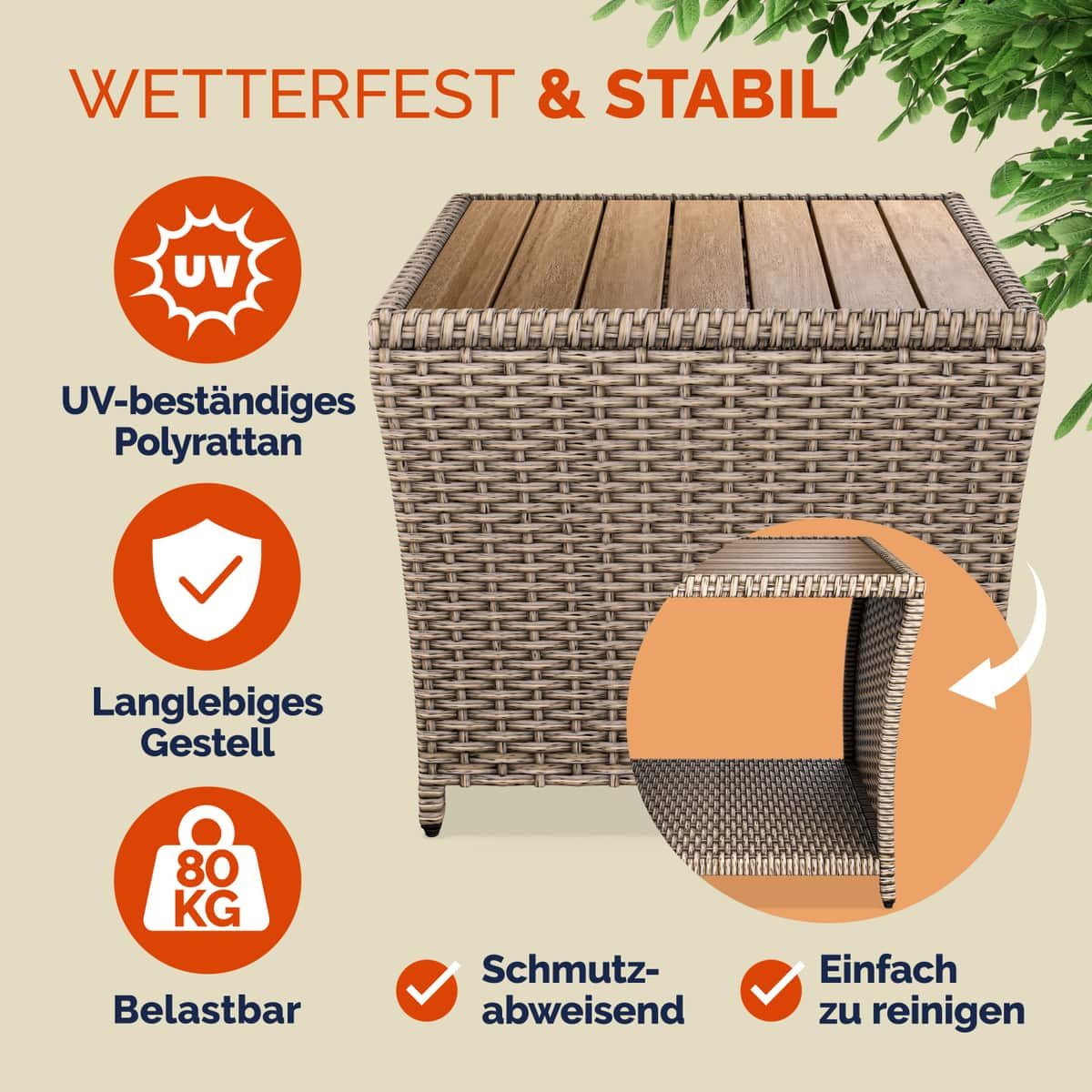 Casaria Beistelltisch, Polyrattan Akazienholz 45x45x40cm Wetterfest günstig online kaufen