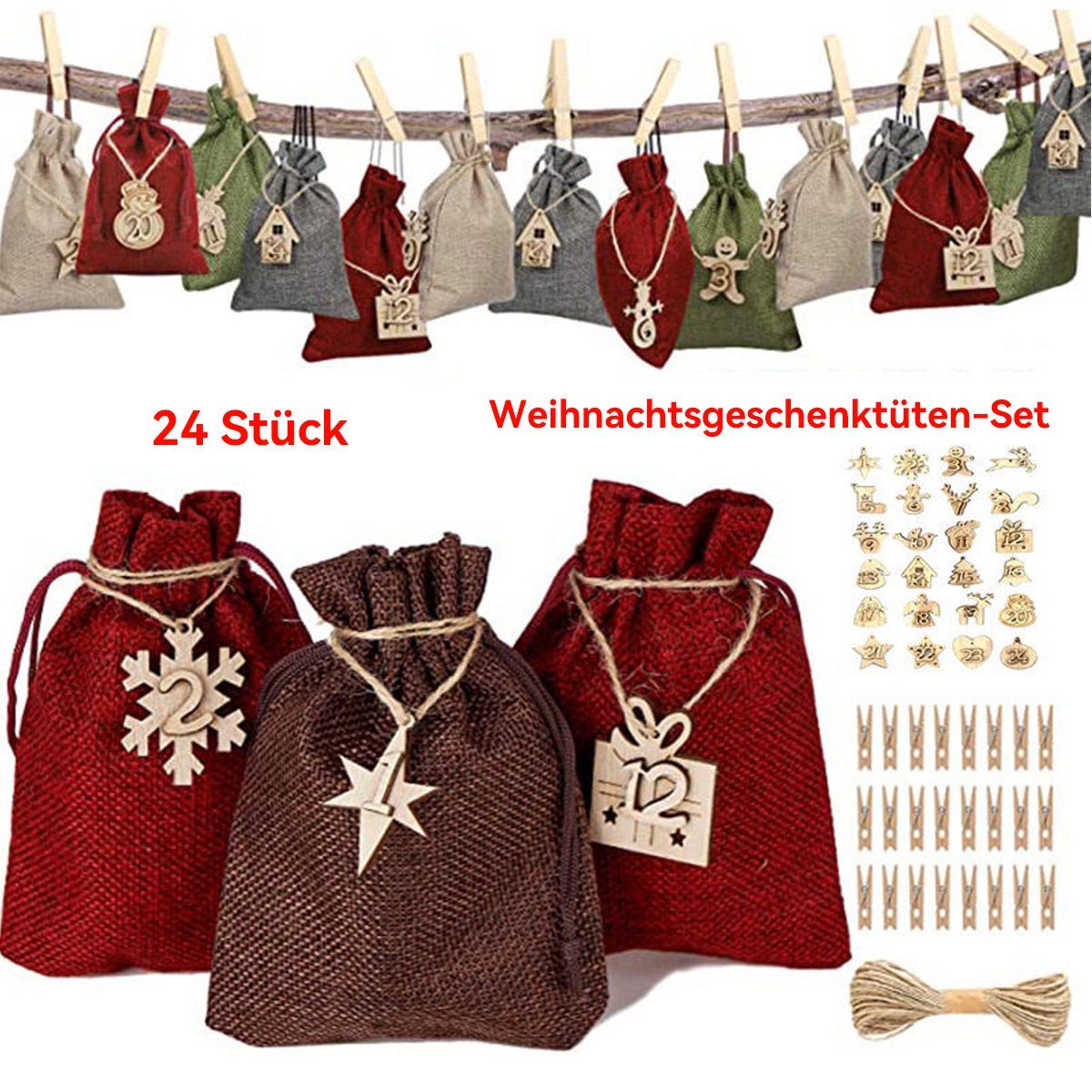 aus Stück Geschenktasche,4 Holz,Hanfseil,Clip 24 DOPWii Farben,Mit Christbaumschmuck (24-tlg) Anhänger