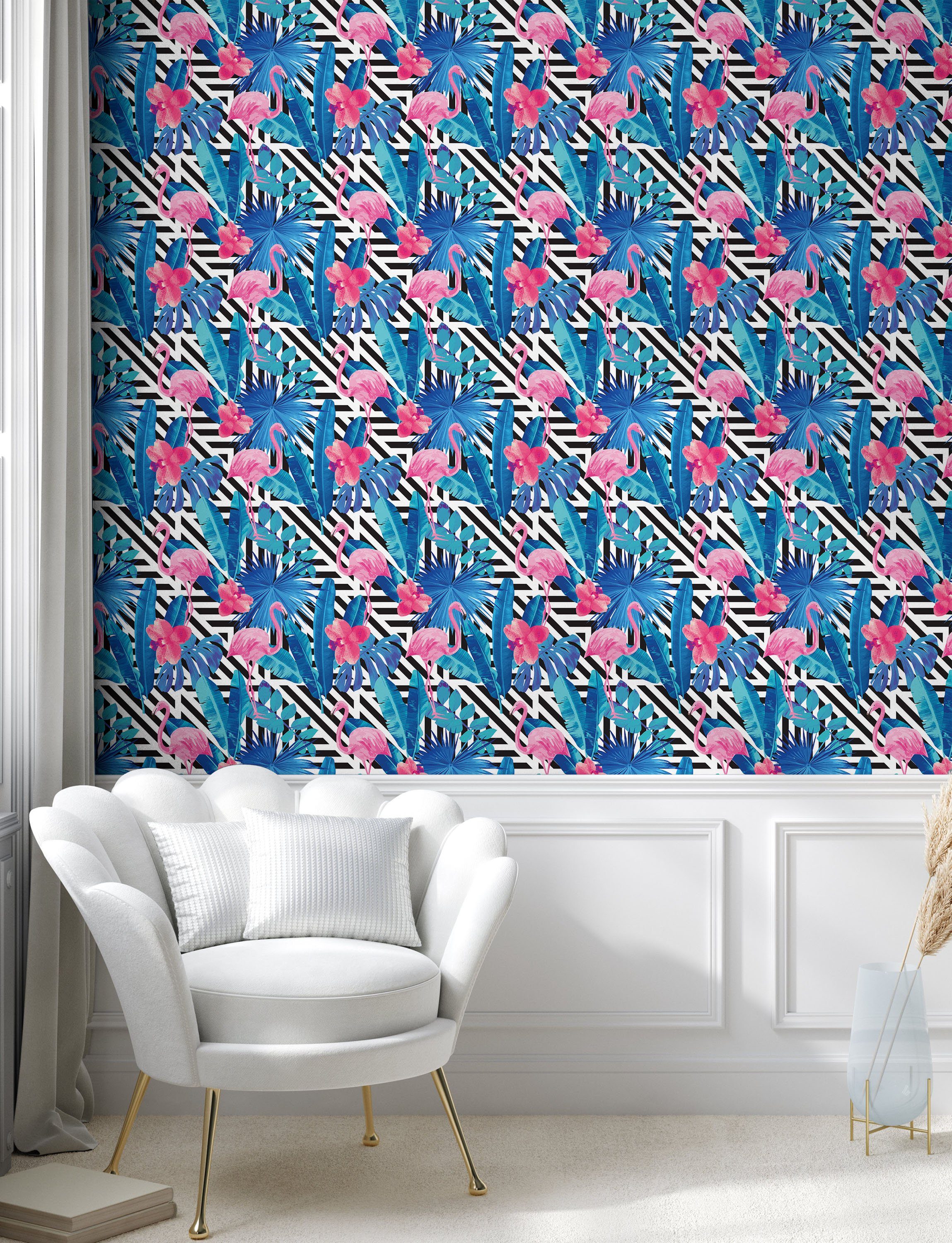 Flamingo Wohnzimmer Abakuhaus selbstklebendes Aquarell Küchenakzent, Vinyltapete Bananenblatt