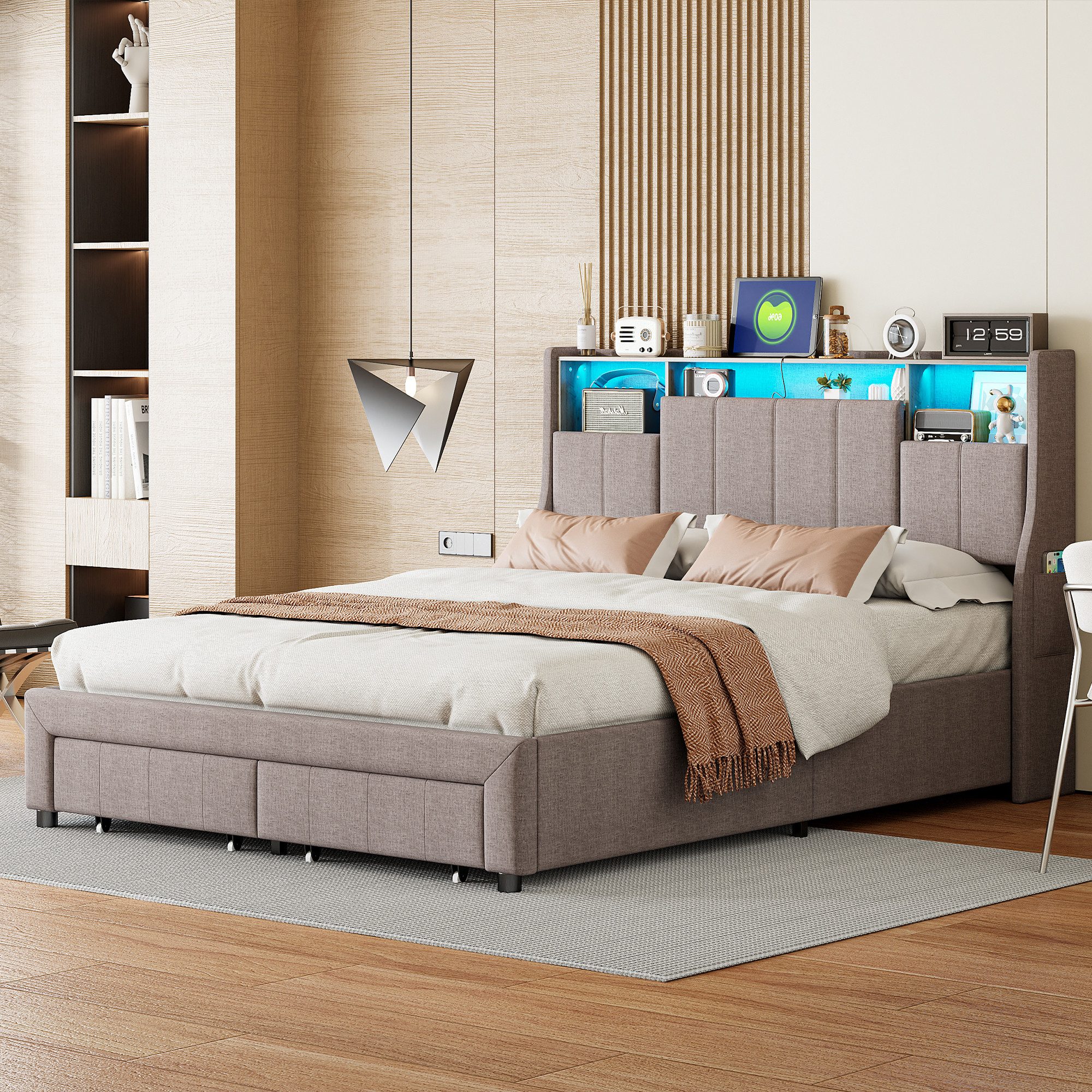 Gdood Polsterbett LED Stauraumbett Doppelbett Leinenstoff (Kopfteil mit Aufbewahrungsfunktion, Steckdose und USB), Mit LED Beleuchtung, Ladefunktion, Schubladen, 160x200 cm
