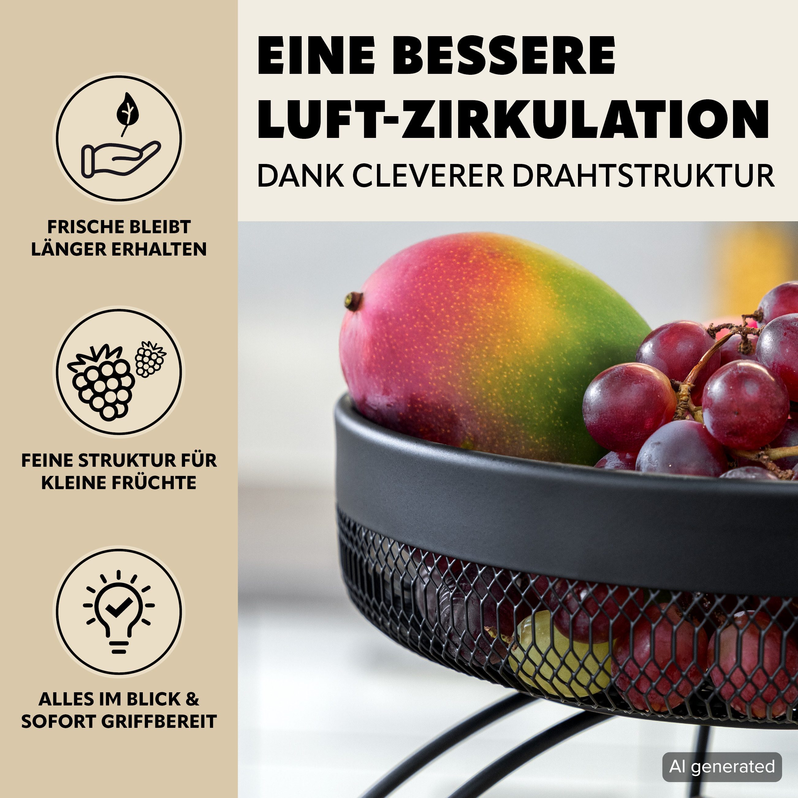 eluno Obstschale 2-stöckig mit Bananenhalter aus Metall, Metall, (1-tlg), mit Bananenhalterung – Bild 5 von 5