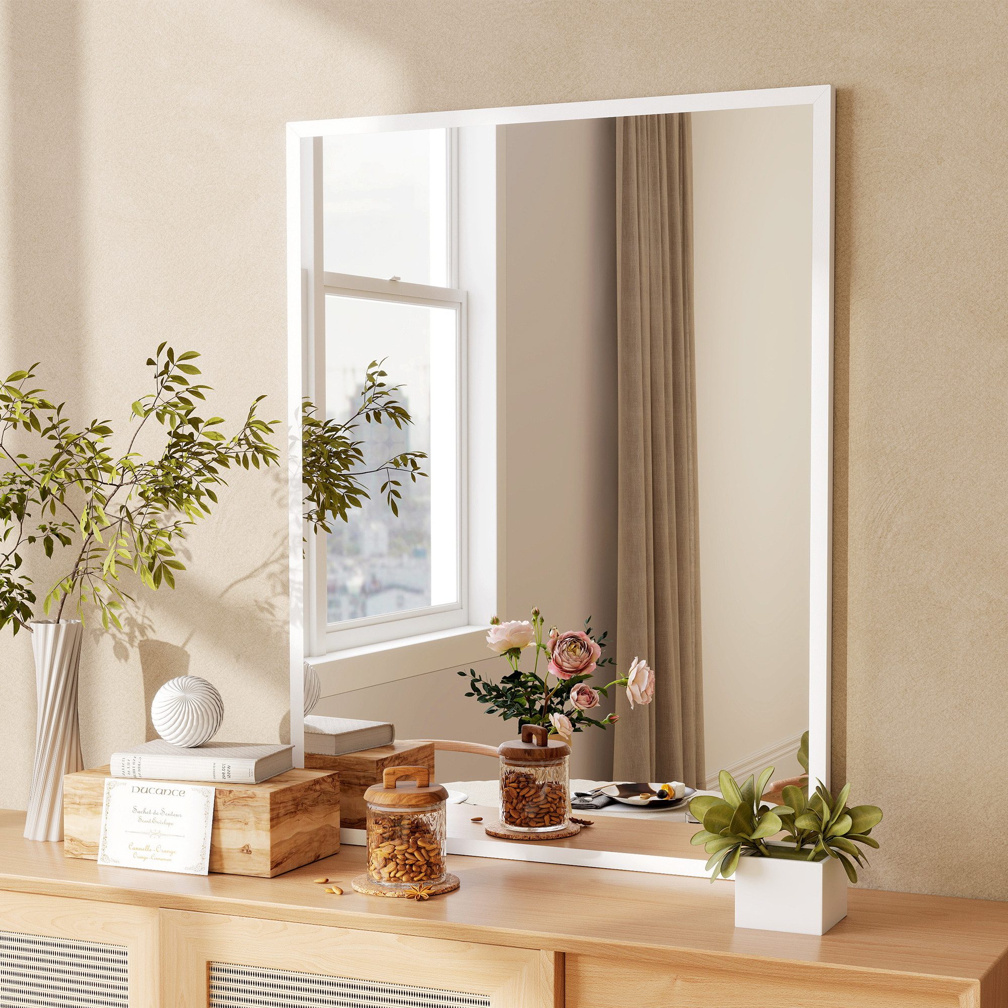 HOMCOM Wandspiegel Rechteckig Spiegel Dekorativ 70 x 90 cm (Badezimmerspiegel, 1-St., Dekorativer Hängespiegel), für Schlafzimmer Badezimmer Wohnzimmer Flur Weiß