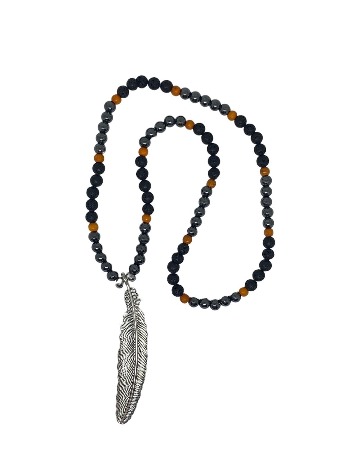 Perlenkette Lava Perlenkette mit Holzbeads Damen Herren Feder Anhänger Hand Made