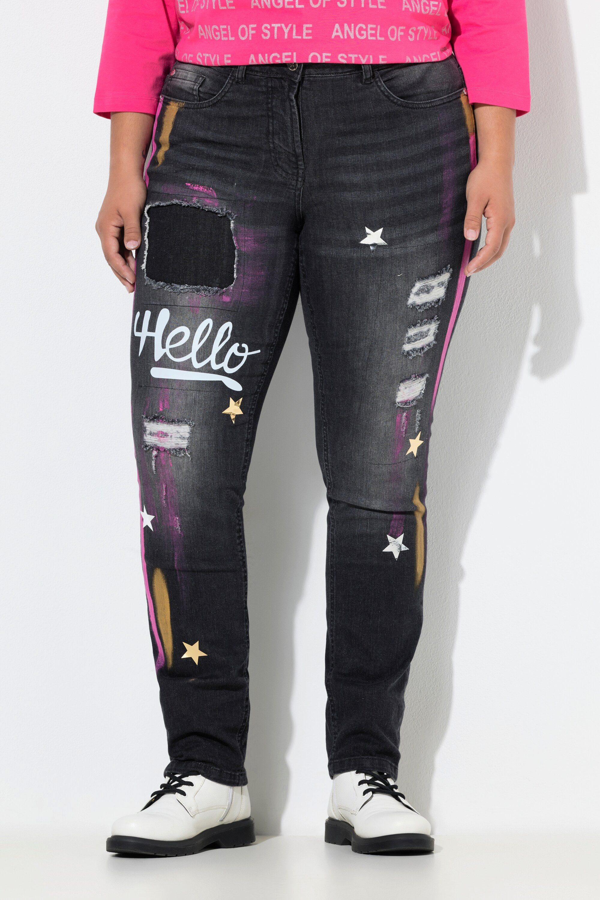 Angel of Style Röhrenjeans Slim-Jeans Irma schmales Bein Farbpatches 5-Pocket