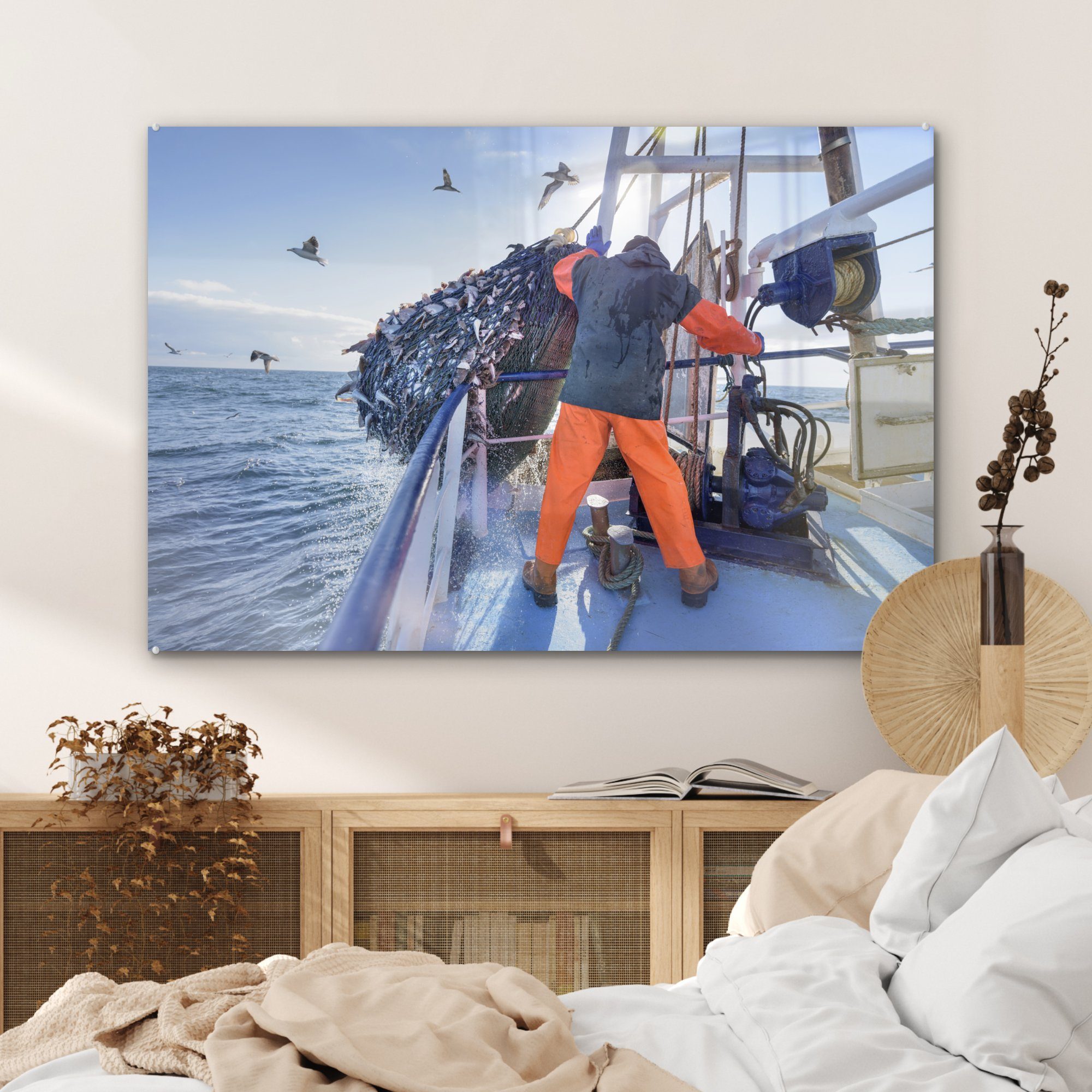 MuchoWow St), Fische Ein Fischer Acrylglasbild Schlafzimmer holt auf Netz voller Wohnzimmer Fischereifahrzeug, & einem Acrylglasbilder (1 ein