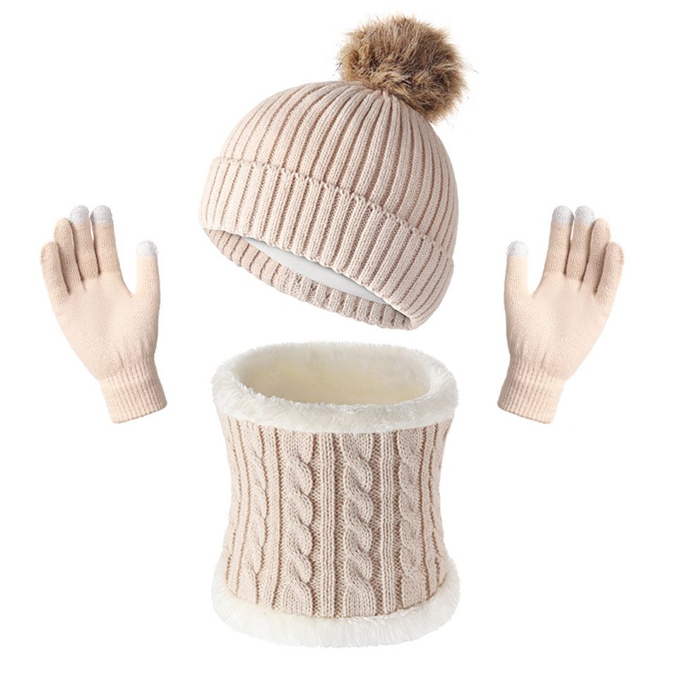 Coonoor Filzhut Damen Winter Beanie Mütze Schal Touchscreen Handschuhe Set Warme Wintermütze Loop Schal Schlauchschal Winterhandschuhe
