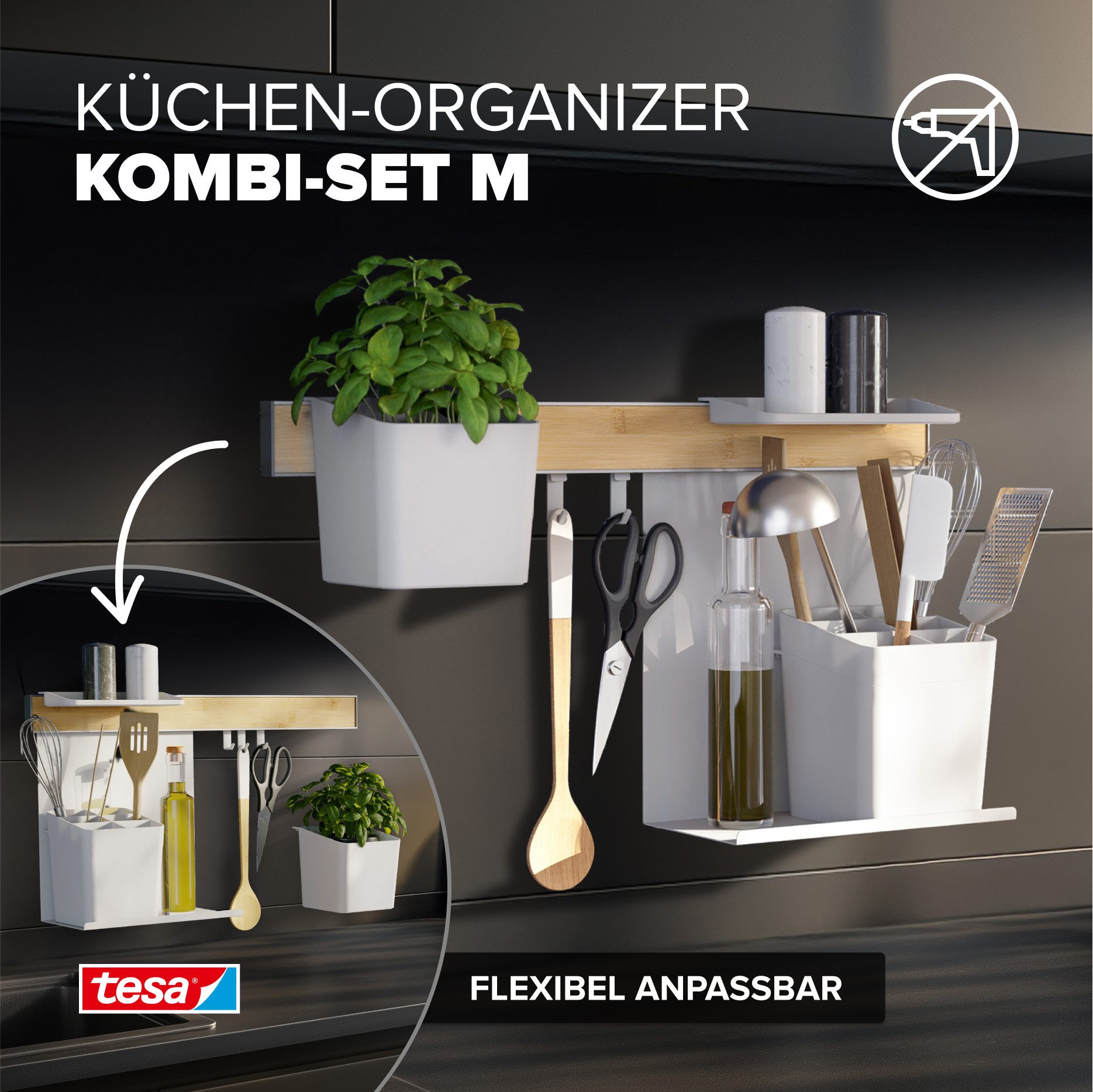 tesa Hakenleiste tesa Küchen-Organizer Kombi-Set M - selbstklebende Küchenleiste, (Komplett-Set, 6 St., inkl. Kräutertopf, 2 Ablagen, Utensilienhalter, Hakenleiste (3 Haken), Flexible Organisationsleiste für die Küche, Montage ohne Bohren