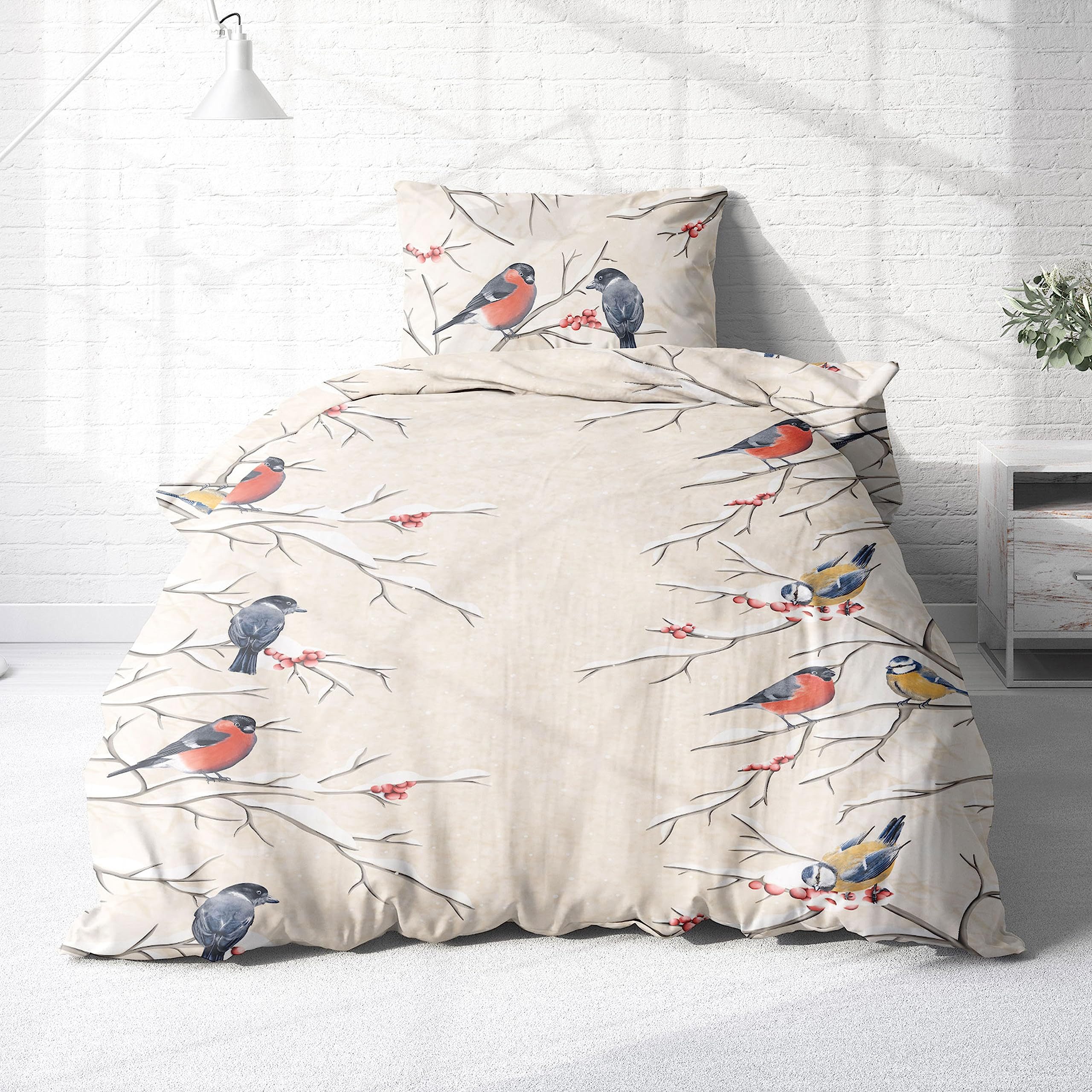 Träumschön Bettwäsche Biber 135x200 cm Creme Beige - Wintervogel Motiv, Bib günstig online kaufen